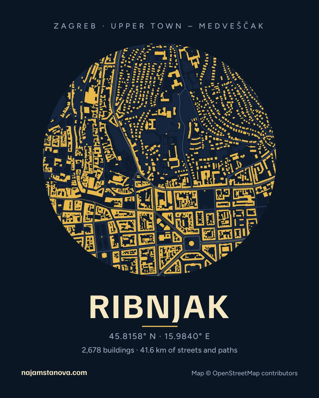 Map of Ribnjak in the “Night” style: buildings, streets, parks and water within 900 m
