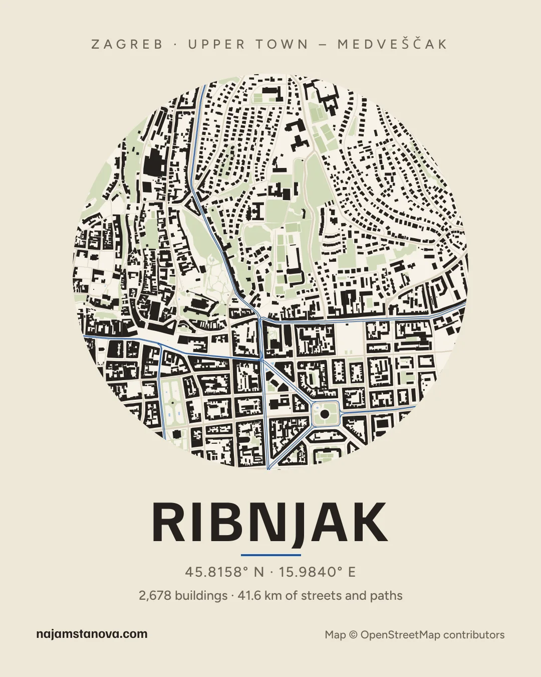 Map of Ribnjak in the “Paper” style: buildings, streets, parks and water within 900 m