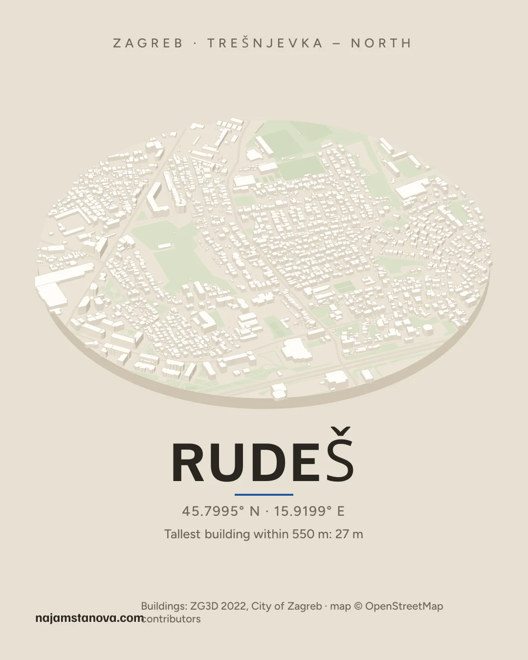 Map of Rudeš in the “Drone” style: buildings, streets, parks and water within 900 m
