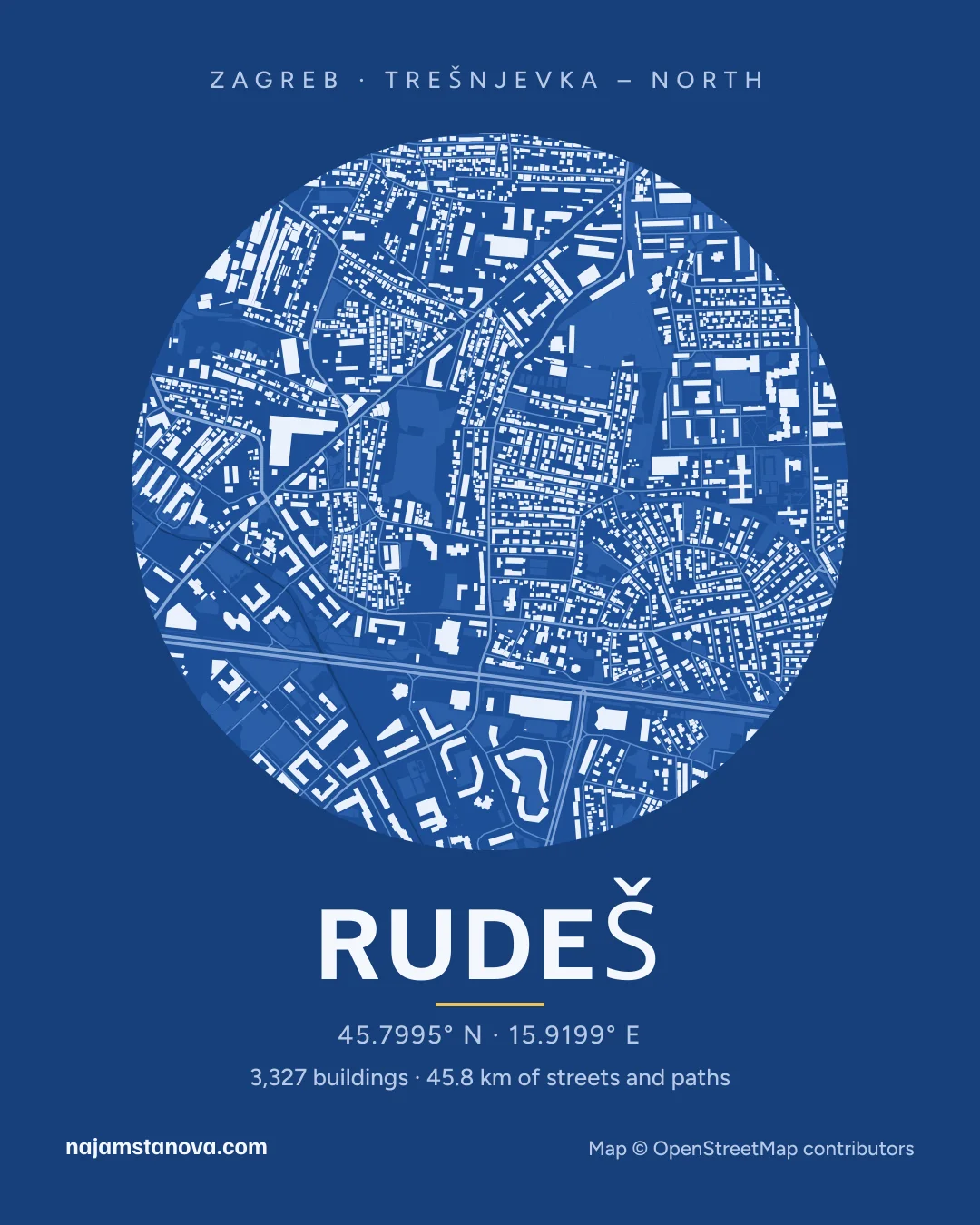 Map of Rudeš in the “Blueprint” style: buildings, streets, parks and water within 900 m