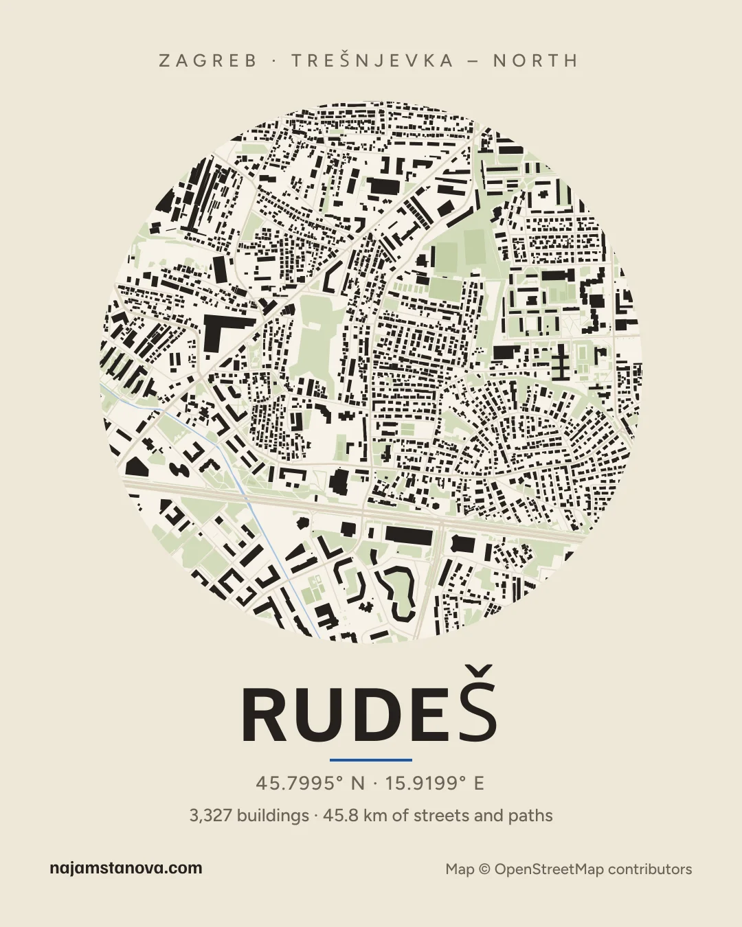 Map of Rudeš in the “Paper” style: buildings, streets, parks and water within 900 m