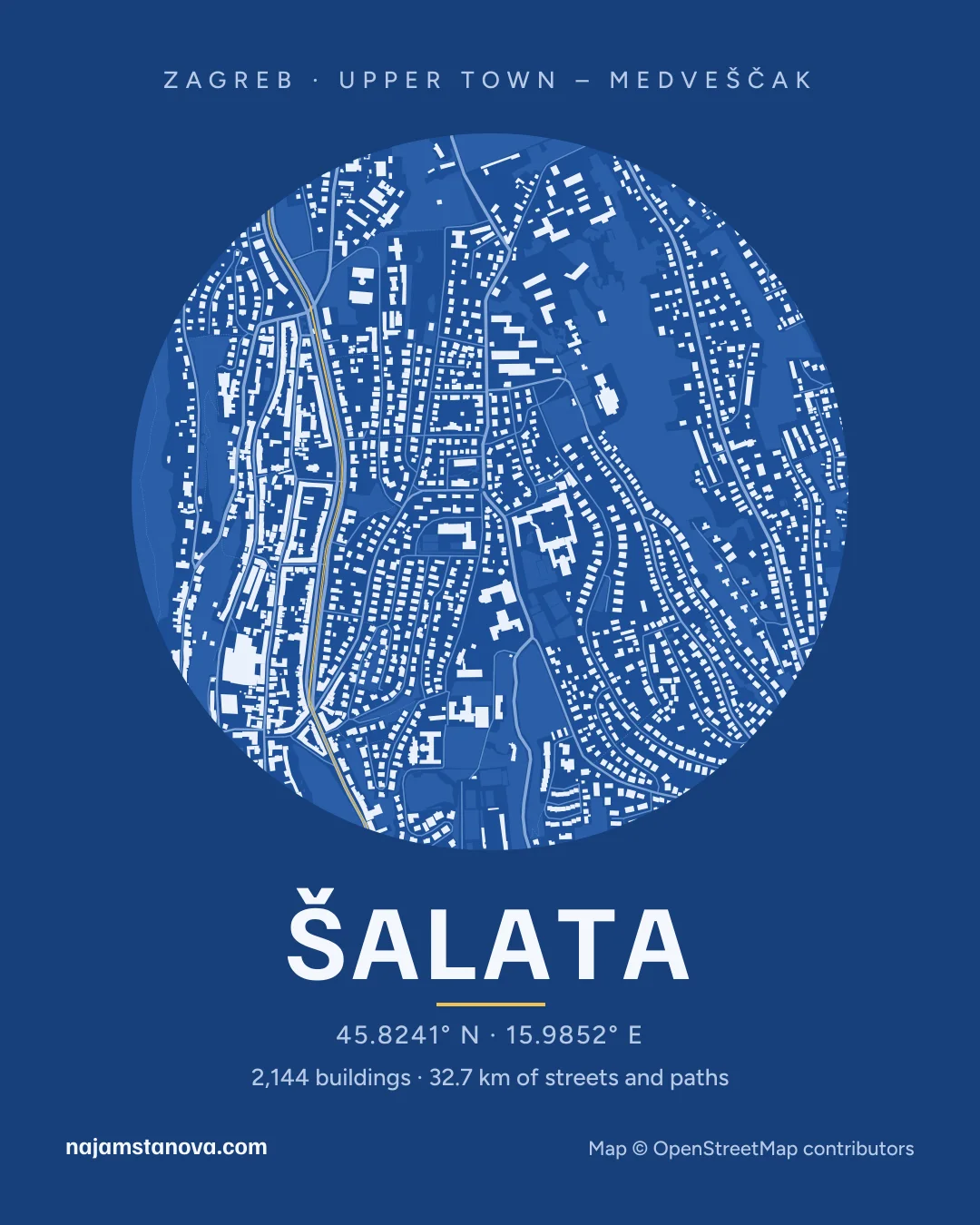 Map of Šalata in the “Blueprint” style: buildings, streets, parks and water within 900 m