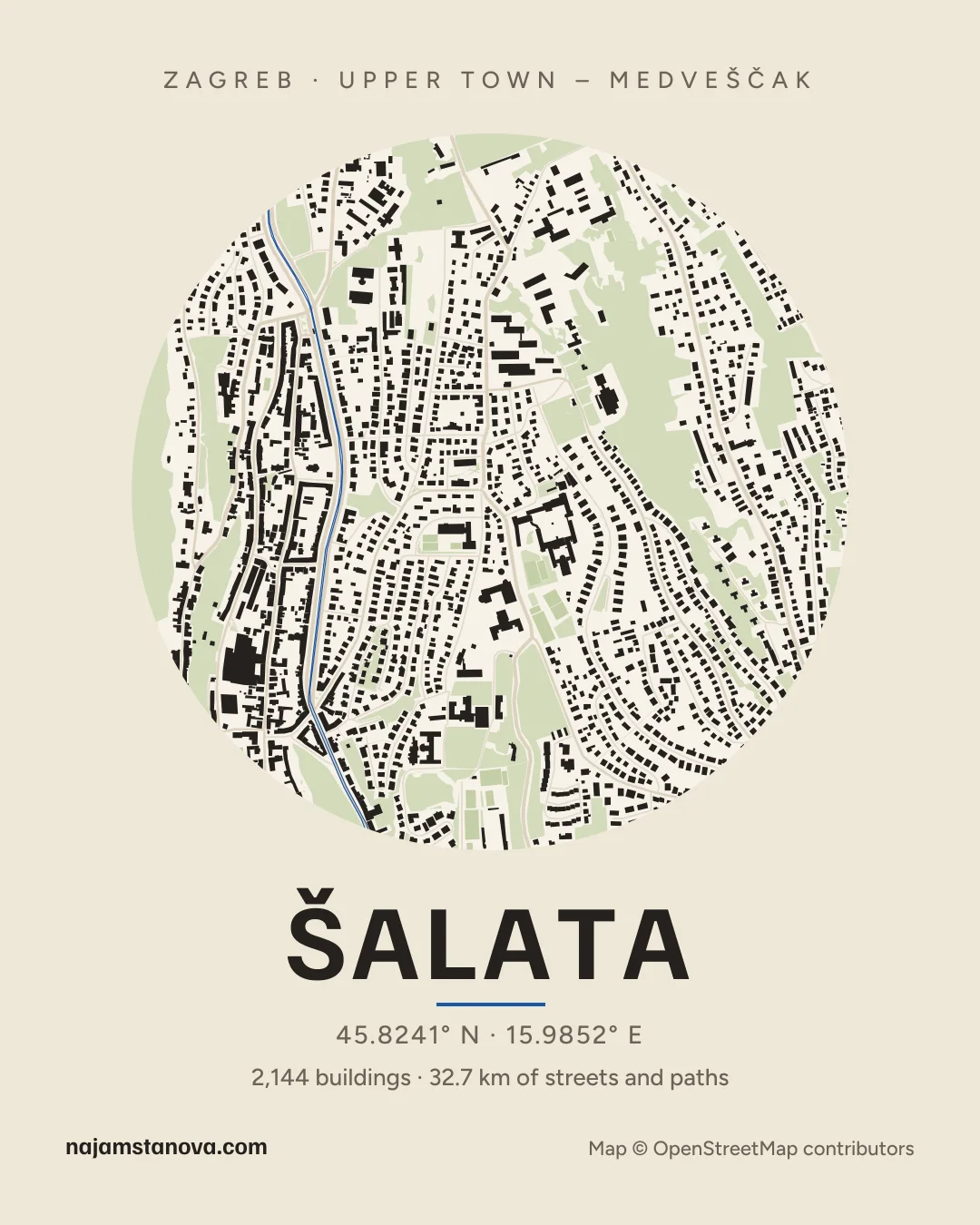 Map of Šalata in the “Paper” style: buildings, streets, parks and water within 900 m