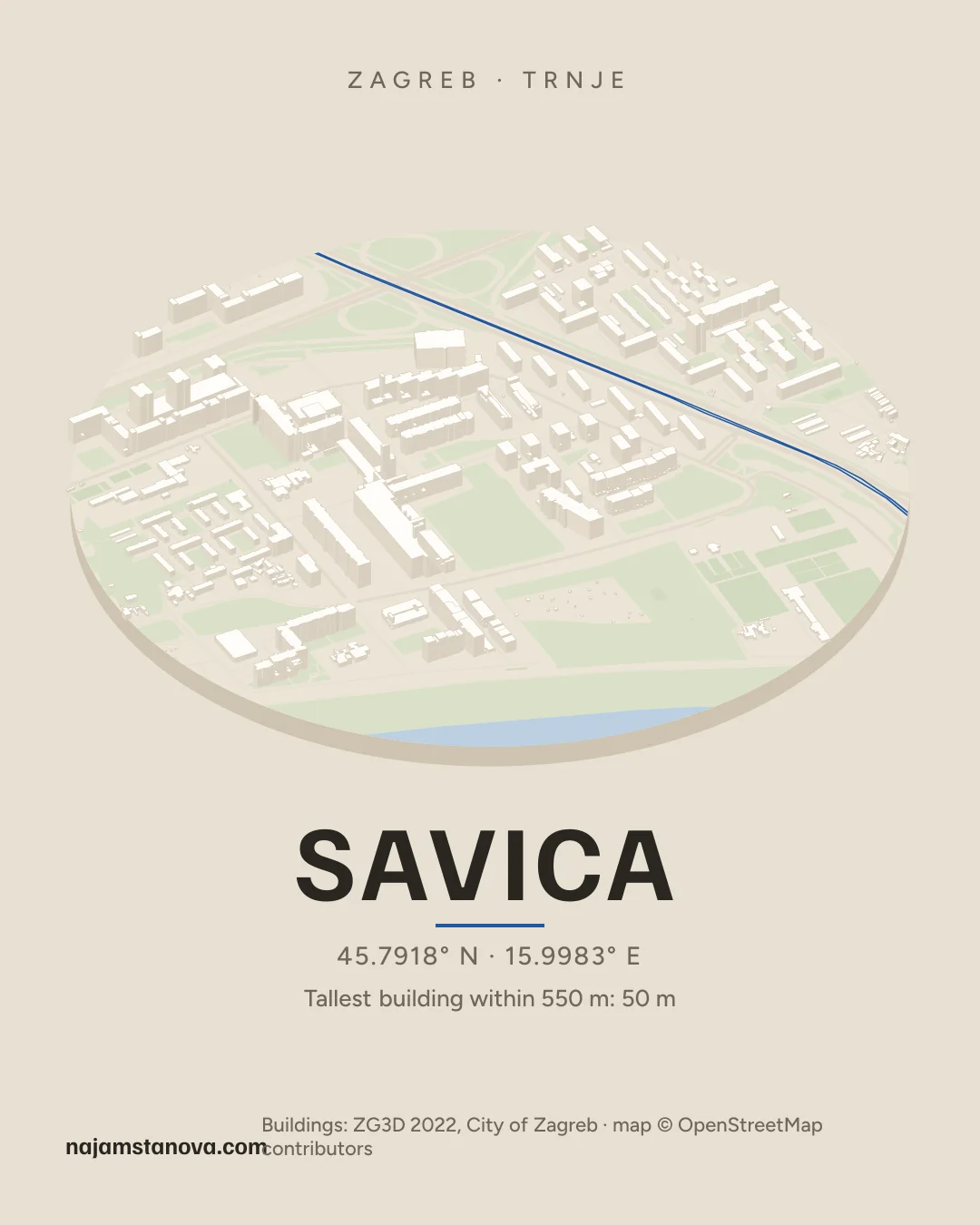 Map of Savica in the “Drone” style: buildings, streets, parks and water within 900 m
