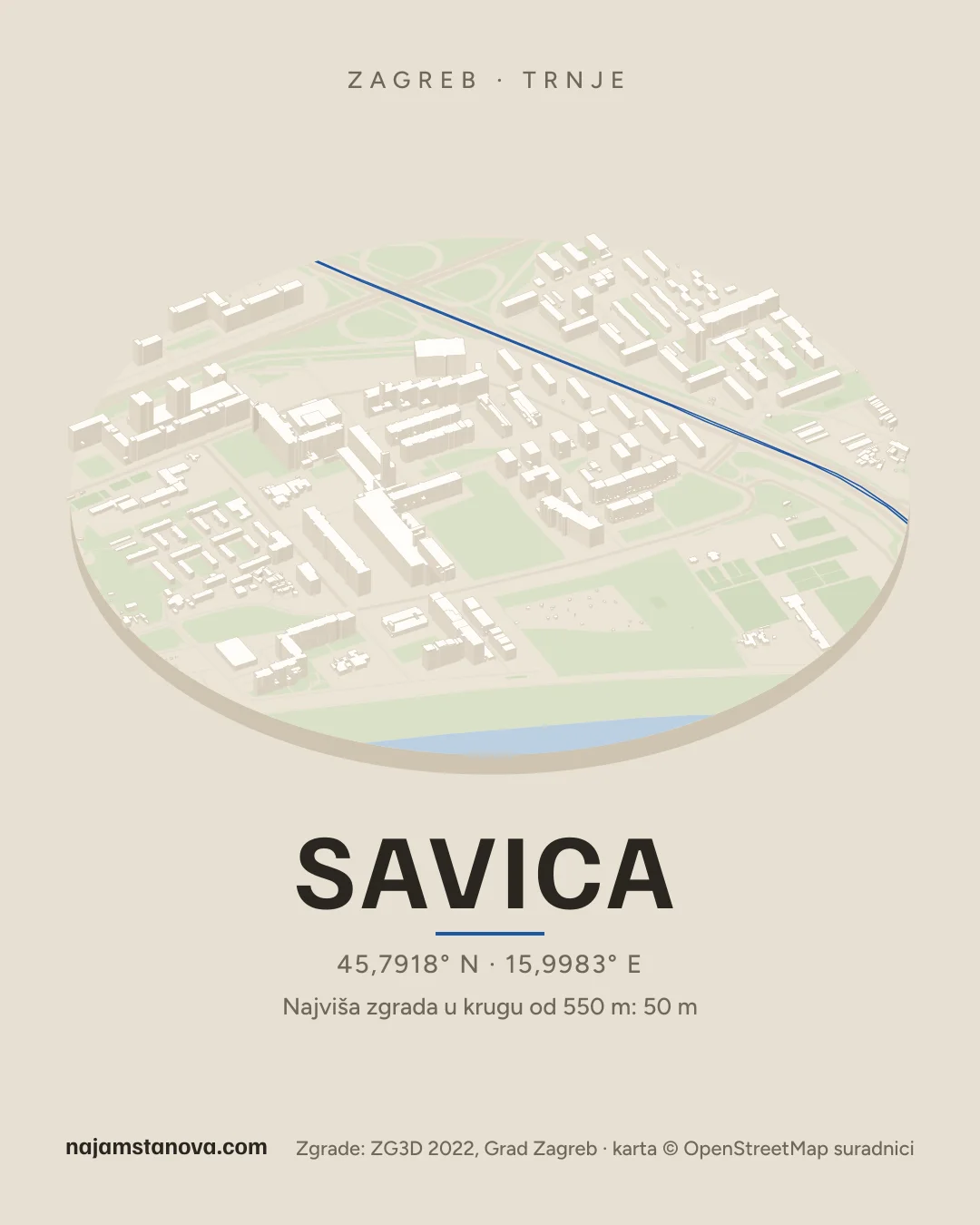 Karta kvarta Savica u stilu „Dron”: zgrade, ulice, parkovi i vode u krugu od 900 m