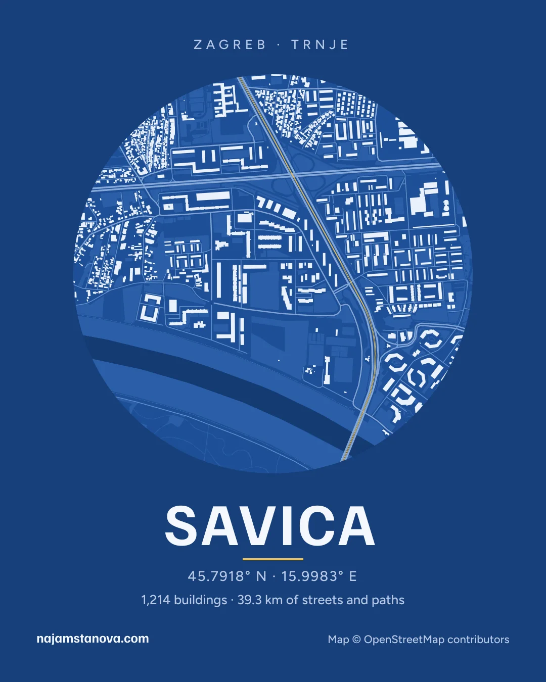 Map of Savica in the “Blueprint” style: buildings, streets, parks and water within 900 m
