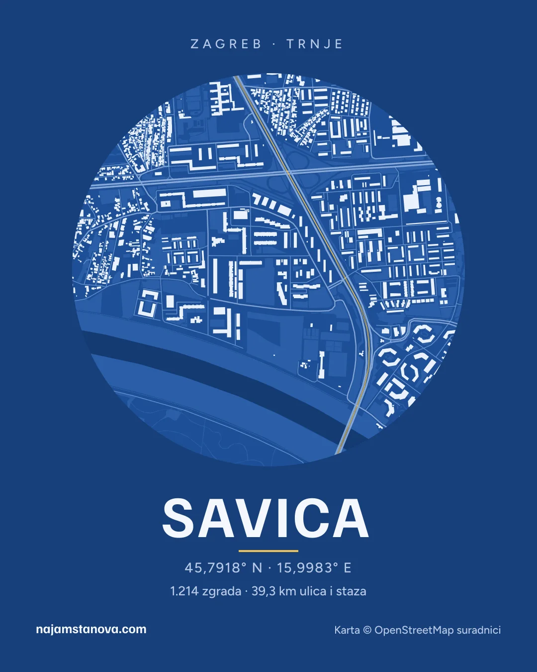 Karta kvarta Savica u stilu „Nacrt”: zgrade, ulice, parkovi i vode u krugu od 900 m