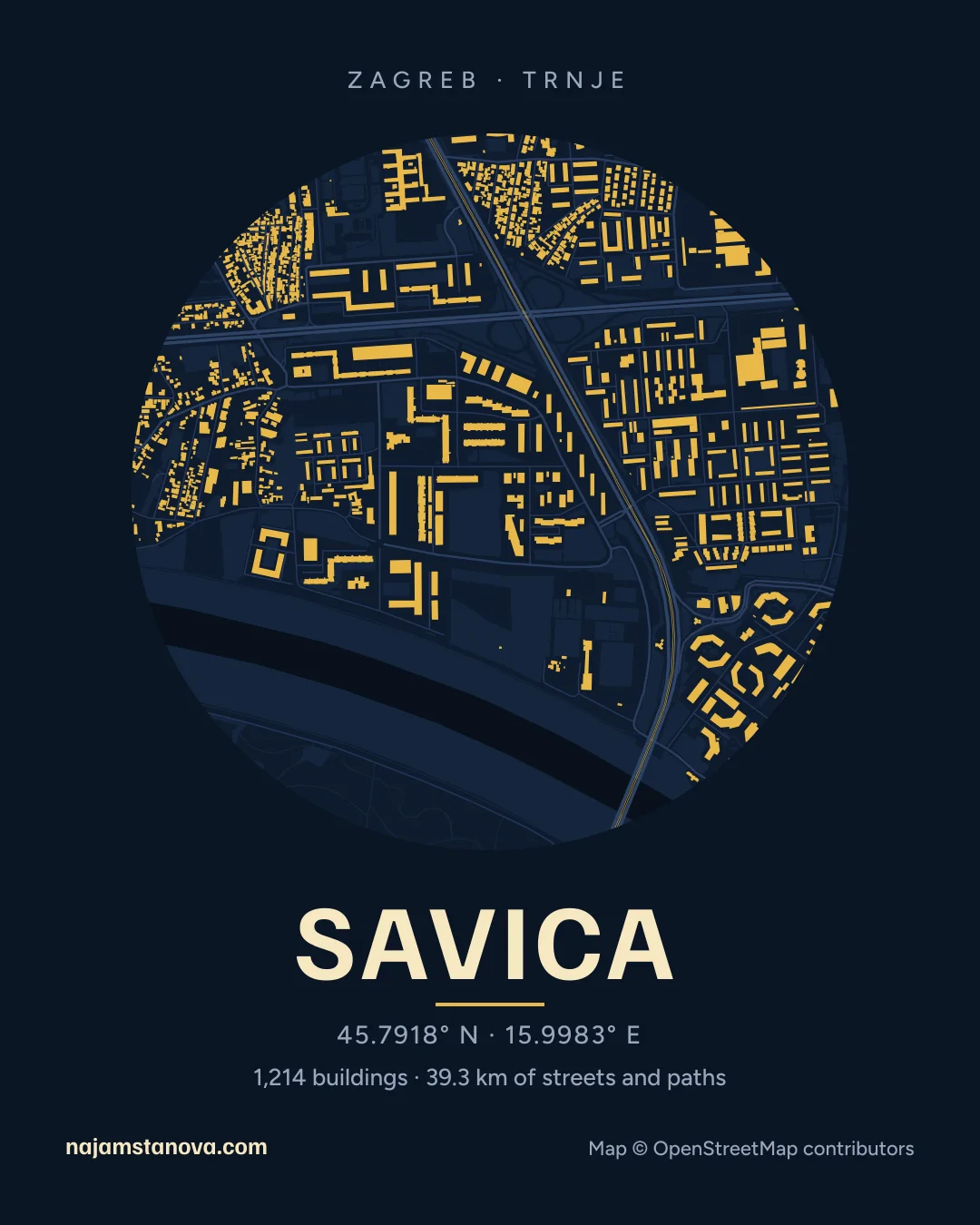 Map of Savica in the “Night” style: buildings, streets, parks and water within 900 m