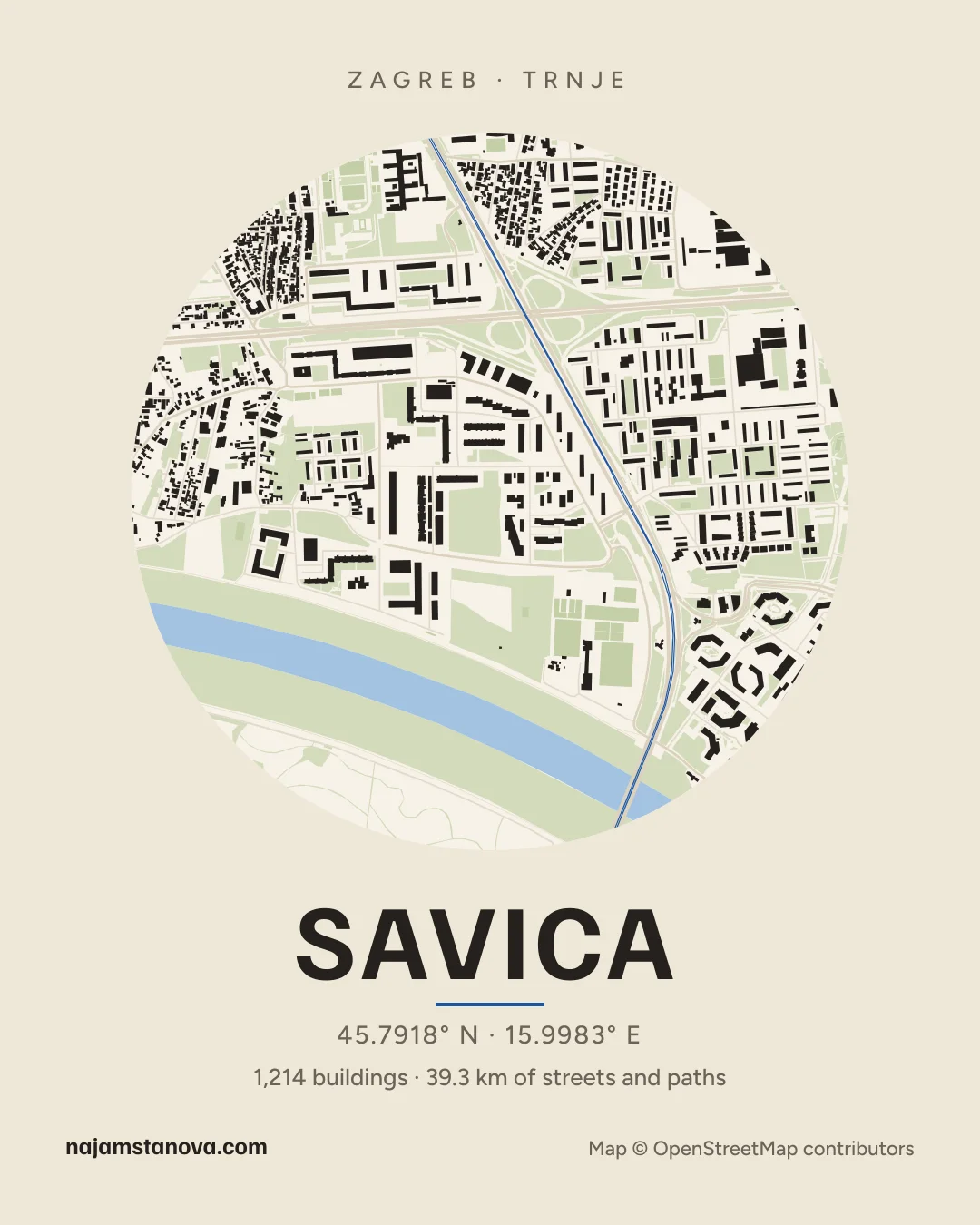 Map of Savica in the “Paper” style: buildings, streets, parks and water within 900 m