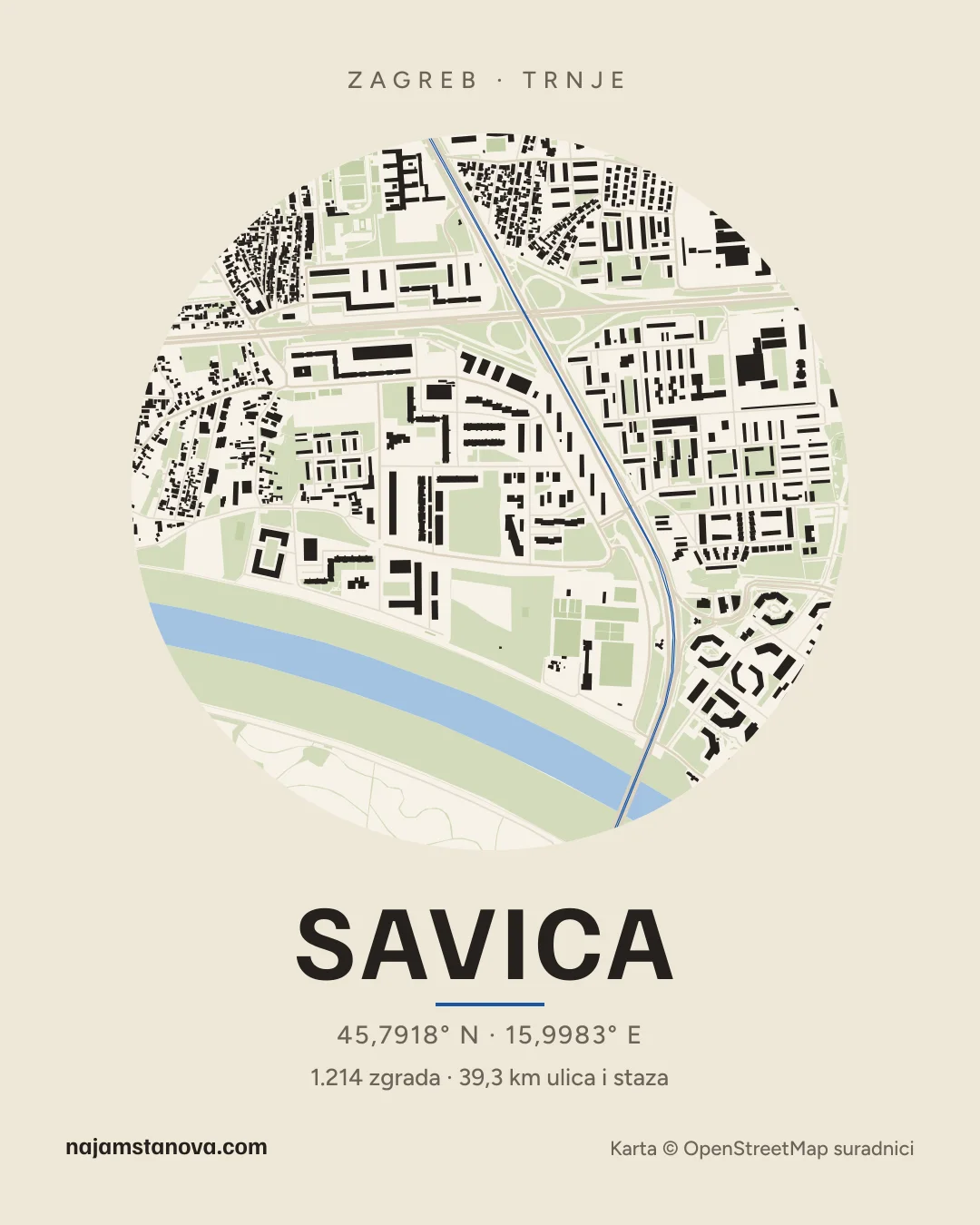 Karta kvarta Savica u stilu „Papir”: zgrade, ulice, parkovi i vode u krugu od 900 m