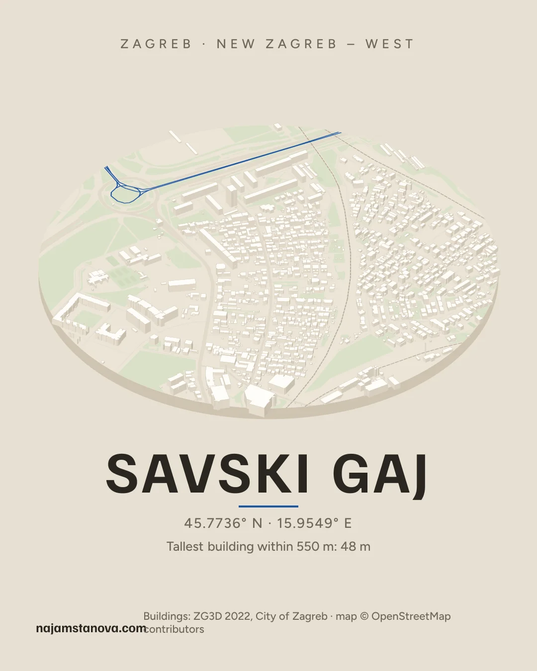 Map of Savski gaj in the “Drone” style: buildings, streets, parks and water within 900 m