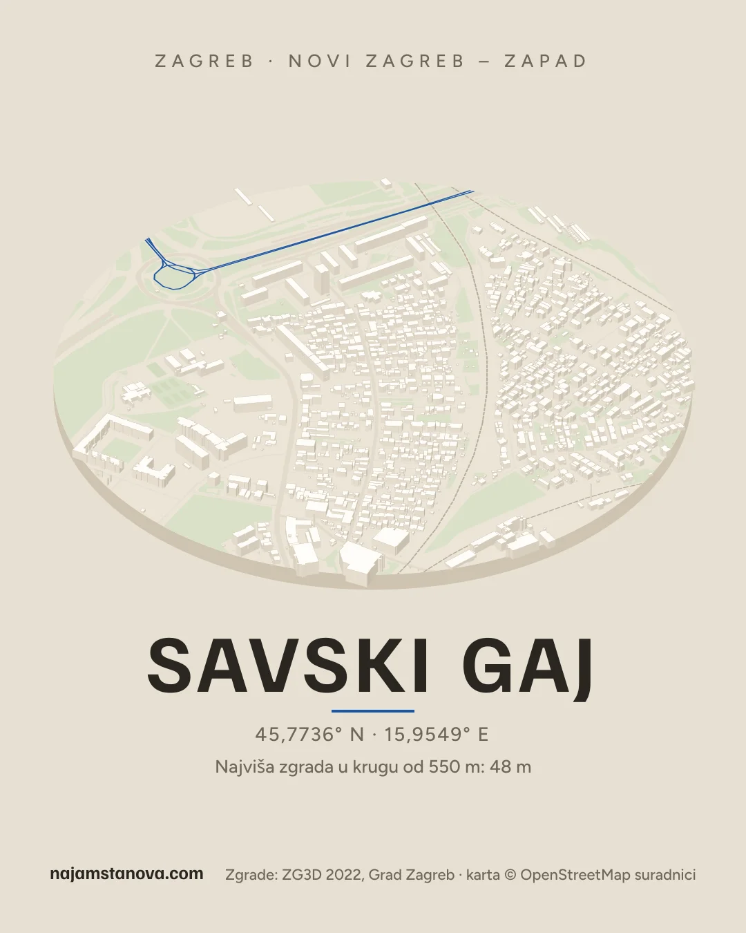 Karta kvarta Savski gaj u stilu „Dron”: zgrade, ulice, parkovi i vode u krugu od 900 m
