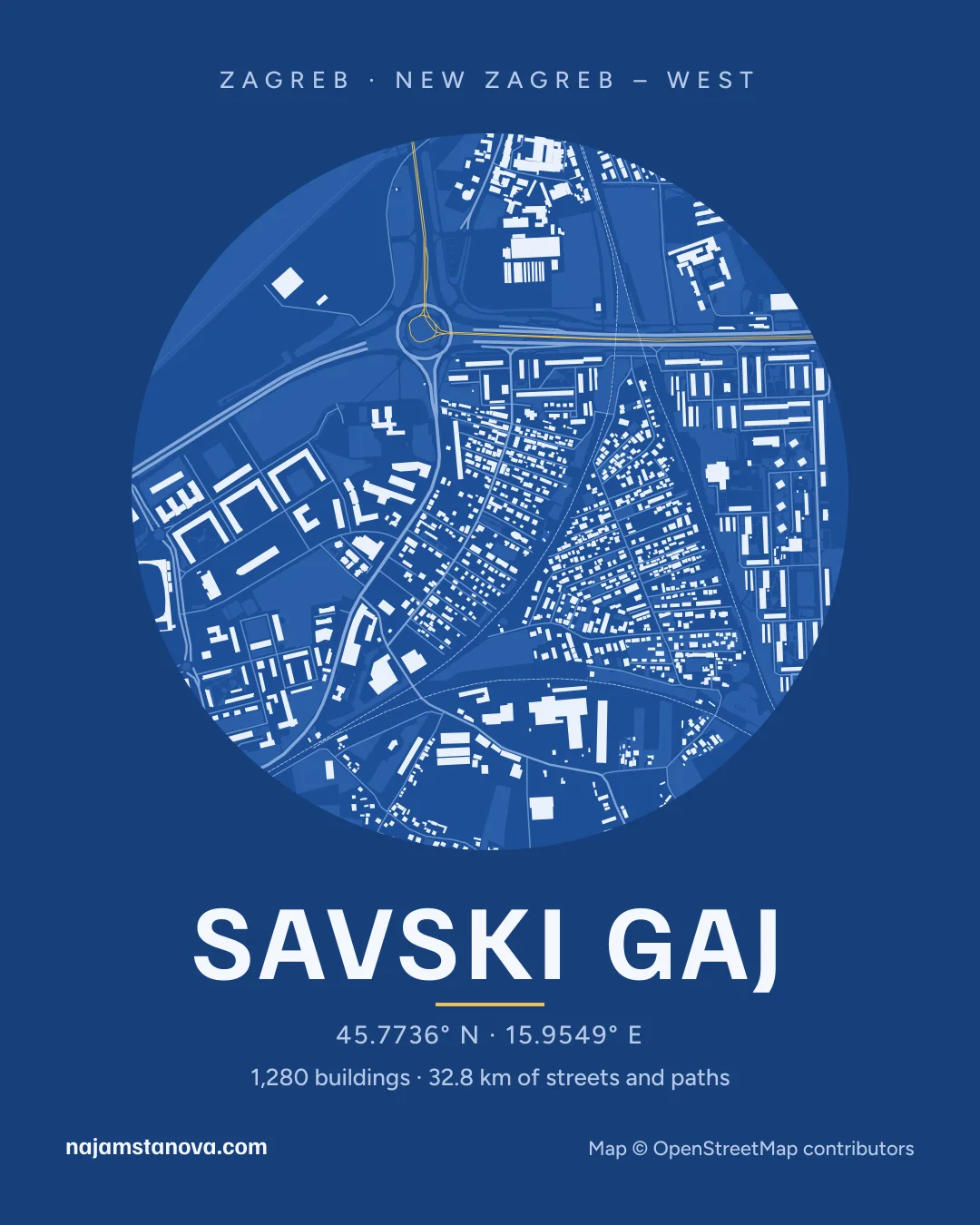 Map of Savski gaj in the “Blueprint” style: buildings, streets, parks and water within 900 m
