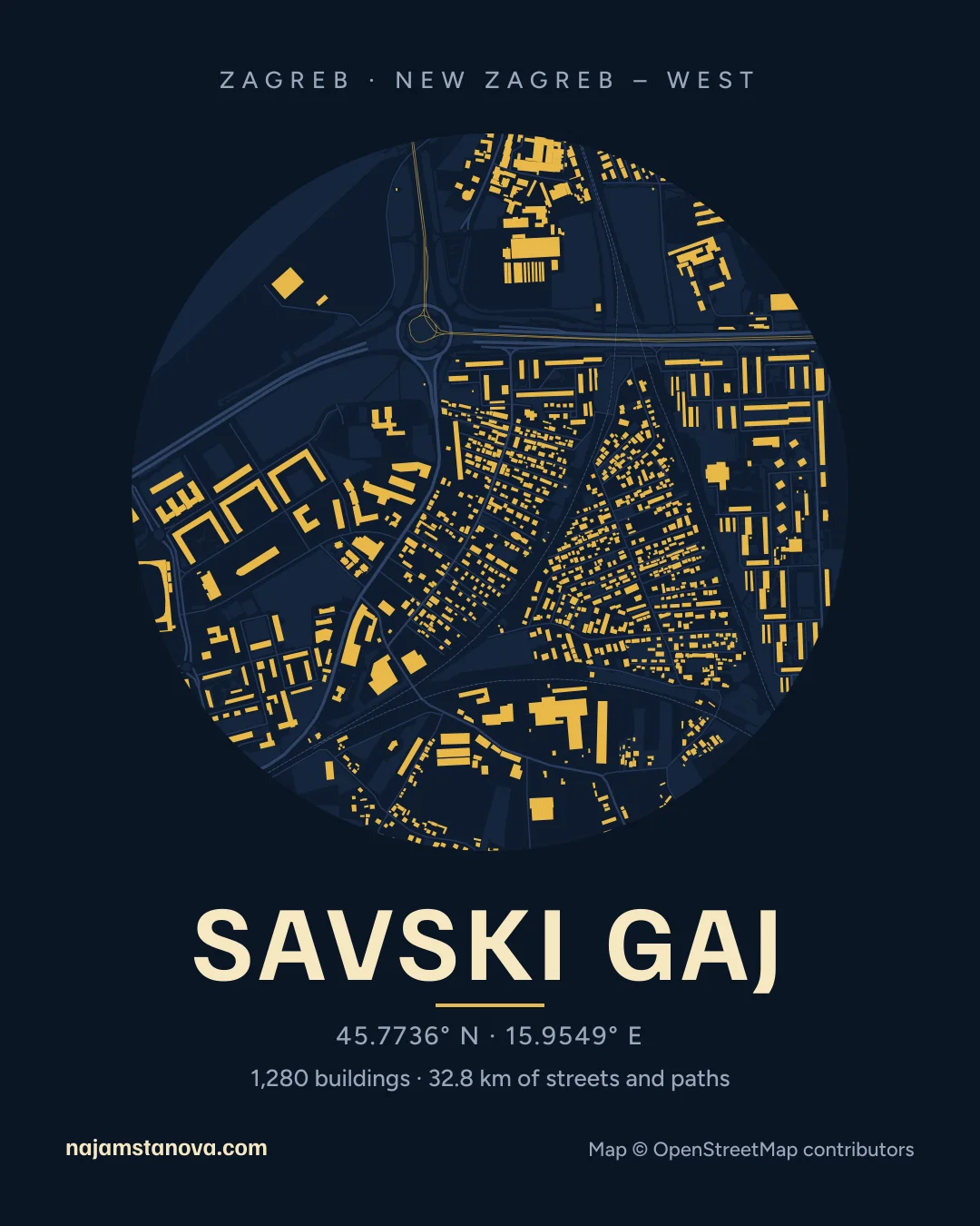 Map of Savski gaj in the “Night” style: buildings, streets, parks and water within 900 m