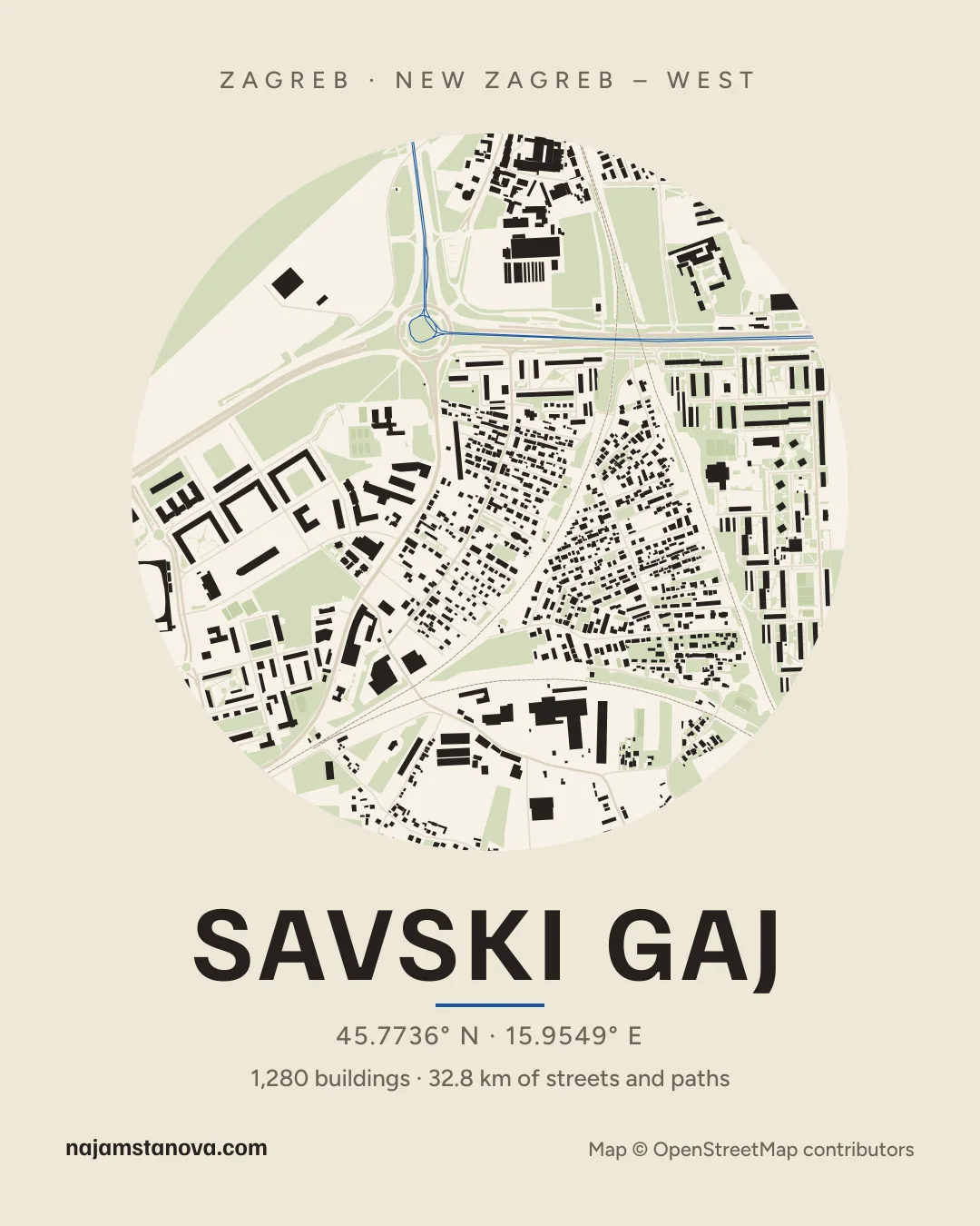 Map of Savski gaj in the “Paper” style: buildings, streets, parks and water within 900 m