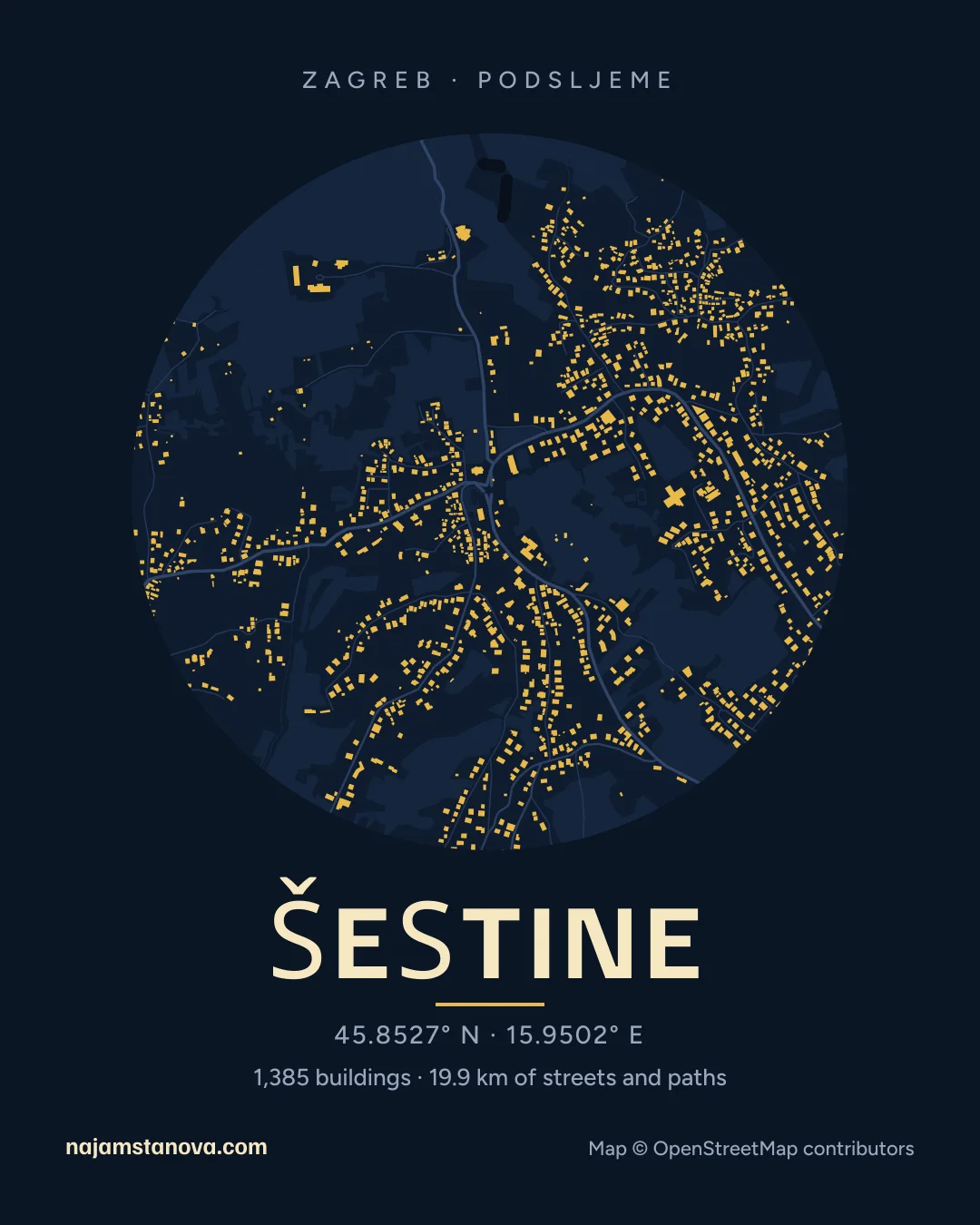 Map of Šestine in the “Night” style: buildings, streets, parks and water within 900 m