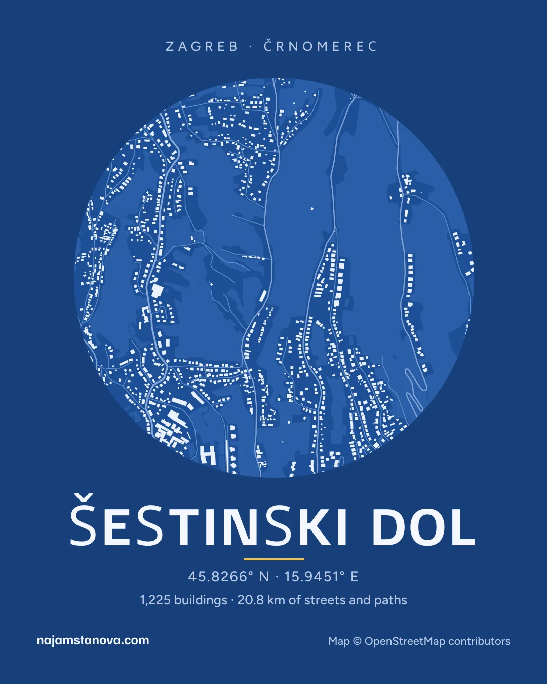 Map of Šestinski dol in the “Blueprint” style: buildings, streets, parks and water within 900 m