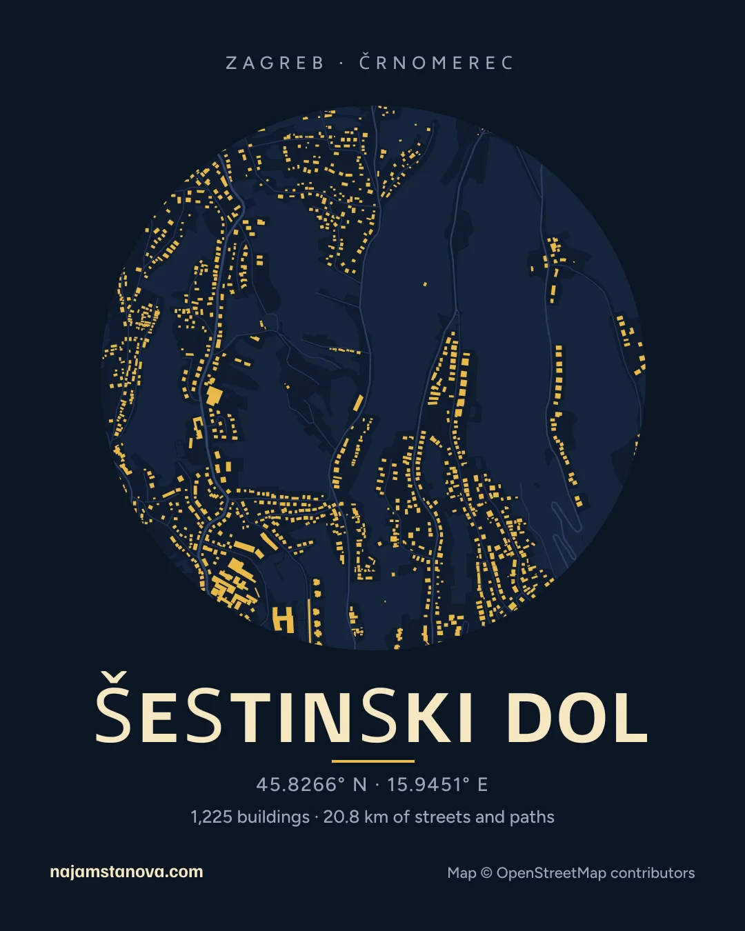 Map of Šestinski dol in the “Night” style: buildings, streets, parks and water within 900 m