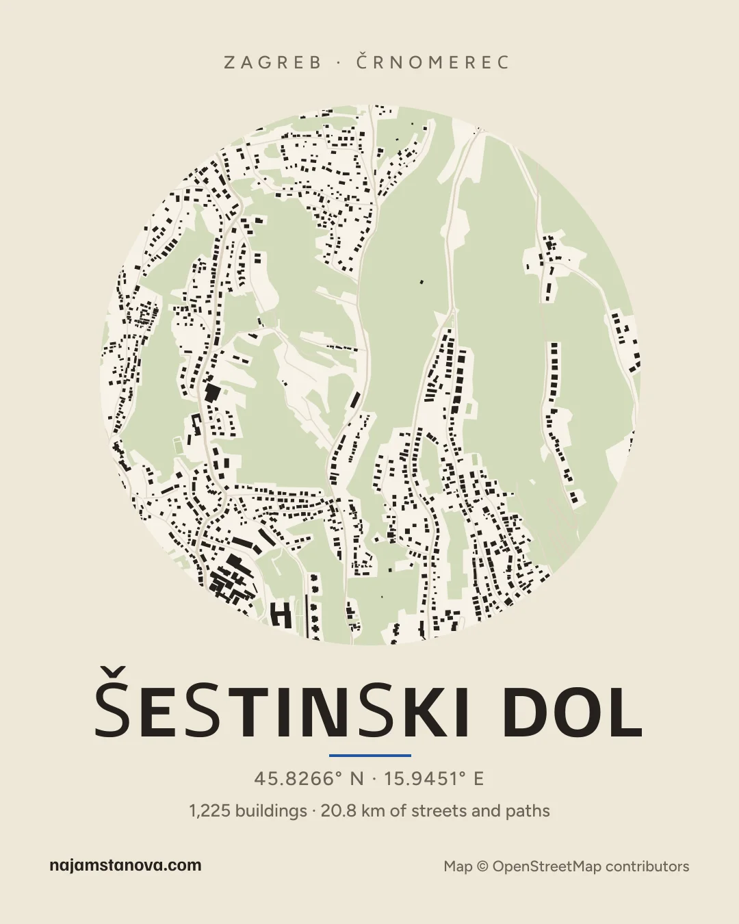 Map of Šestinski dol in the “Paper” style: buildings, streets, parks and water within 900 m