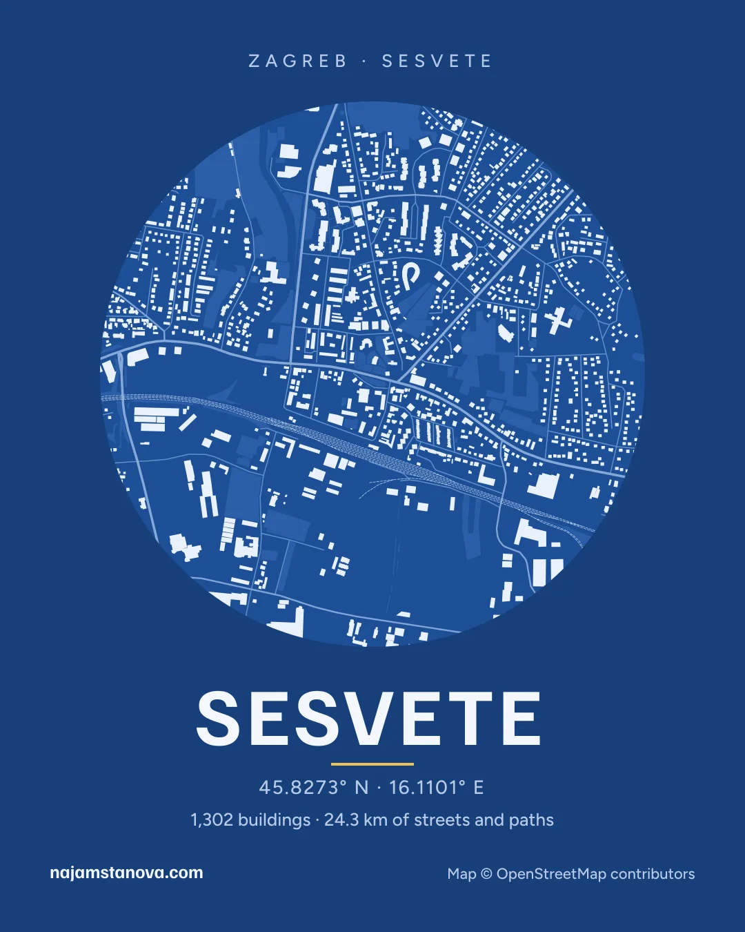 Map of Sesvete in the “Blueprint” style: buildings, streets, parks and water within 900 m