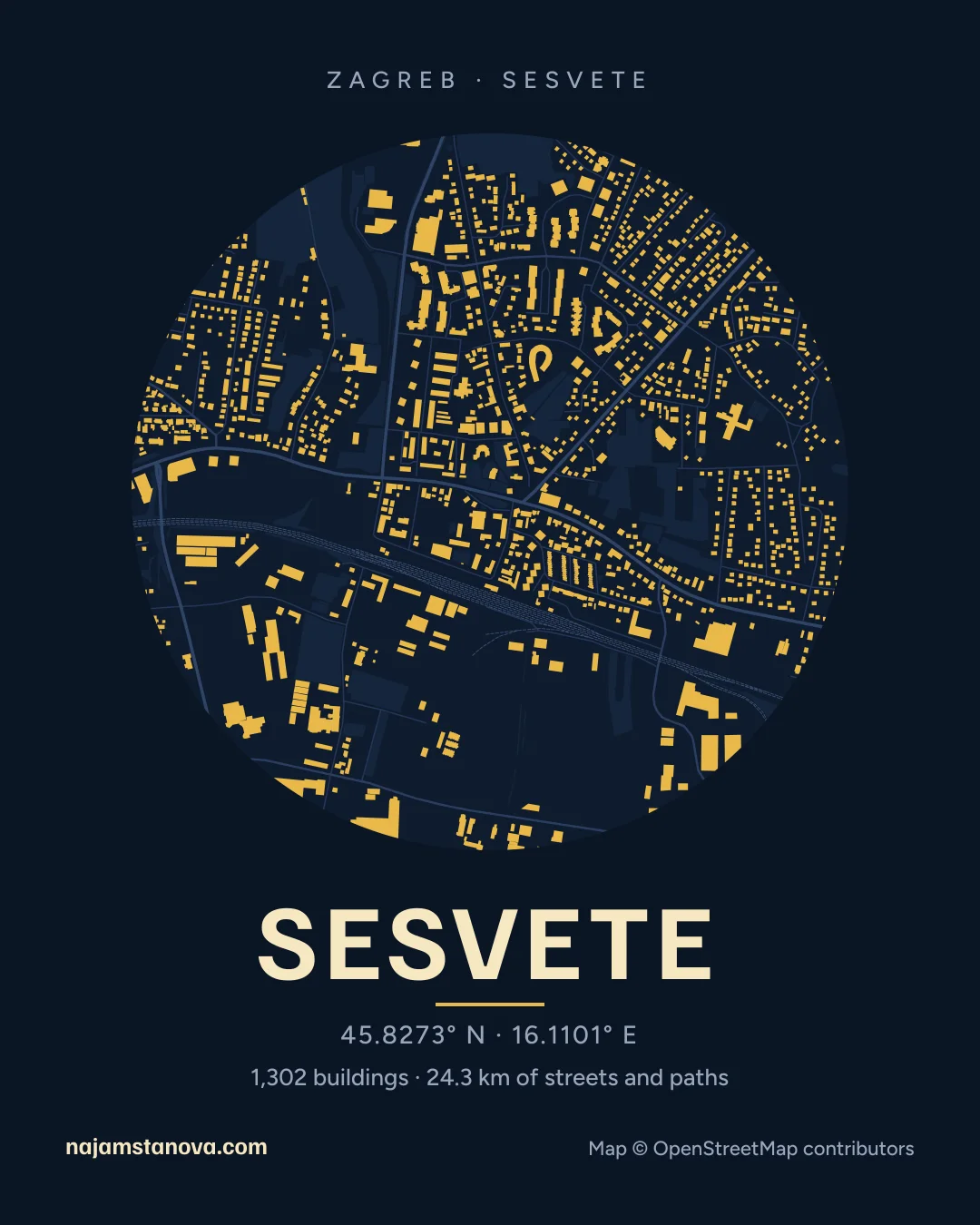 Map of Sesvete in the “Night” style: buildings, streets, parks and water within 900 m