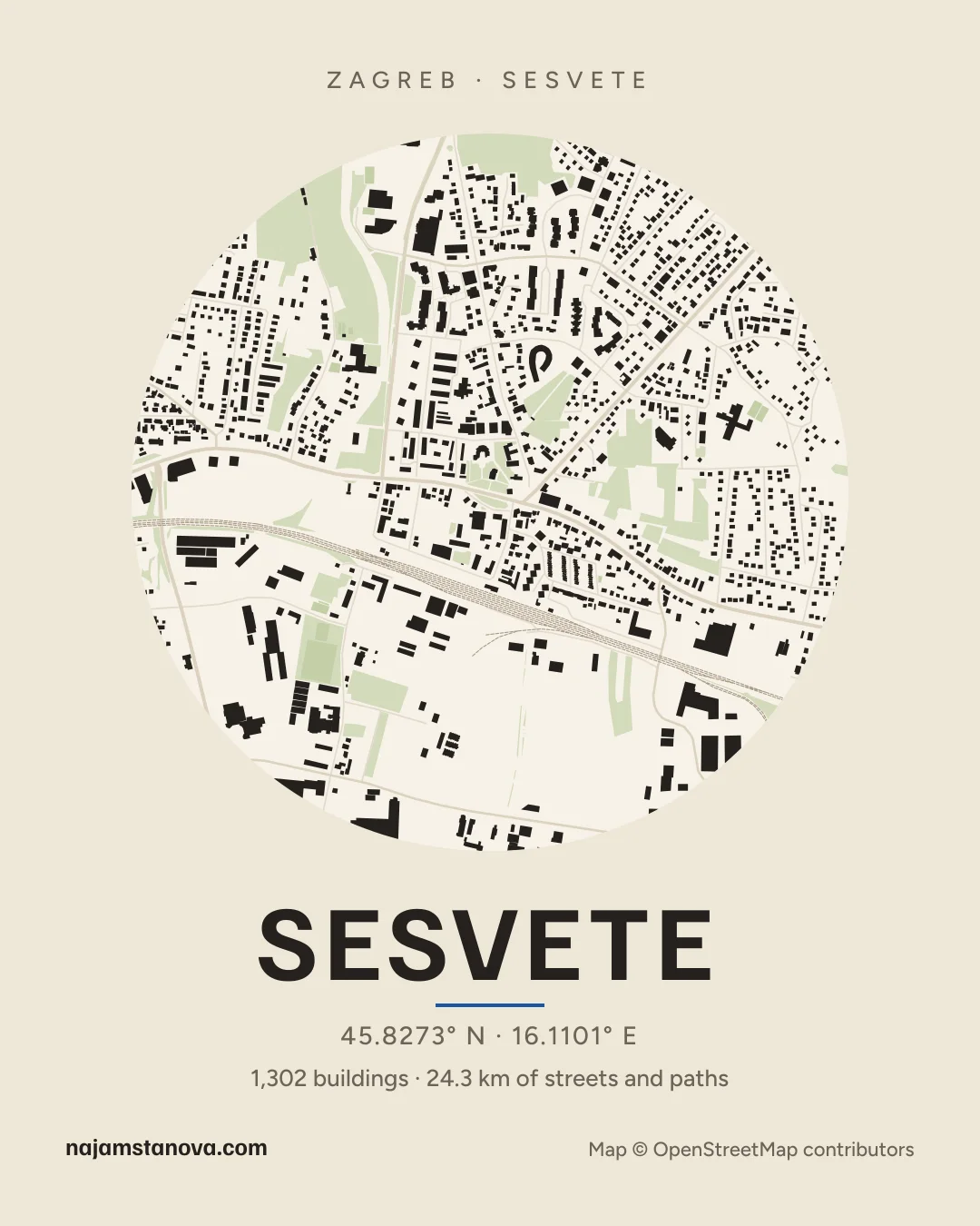 Map of Sesvete in the “Paper” style: buildings, streets, parks and water within 900 m