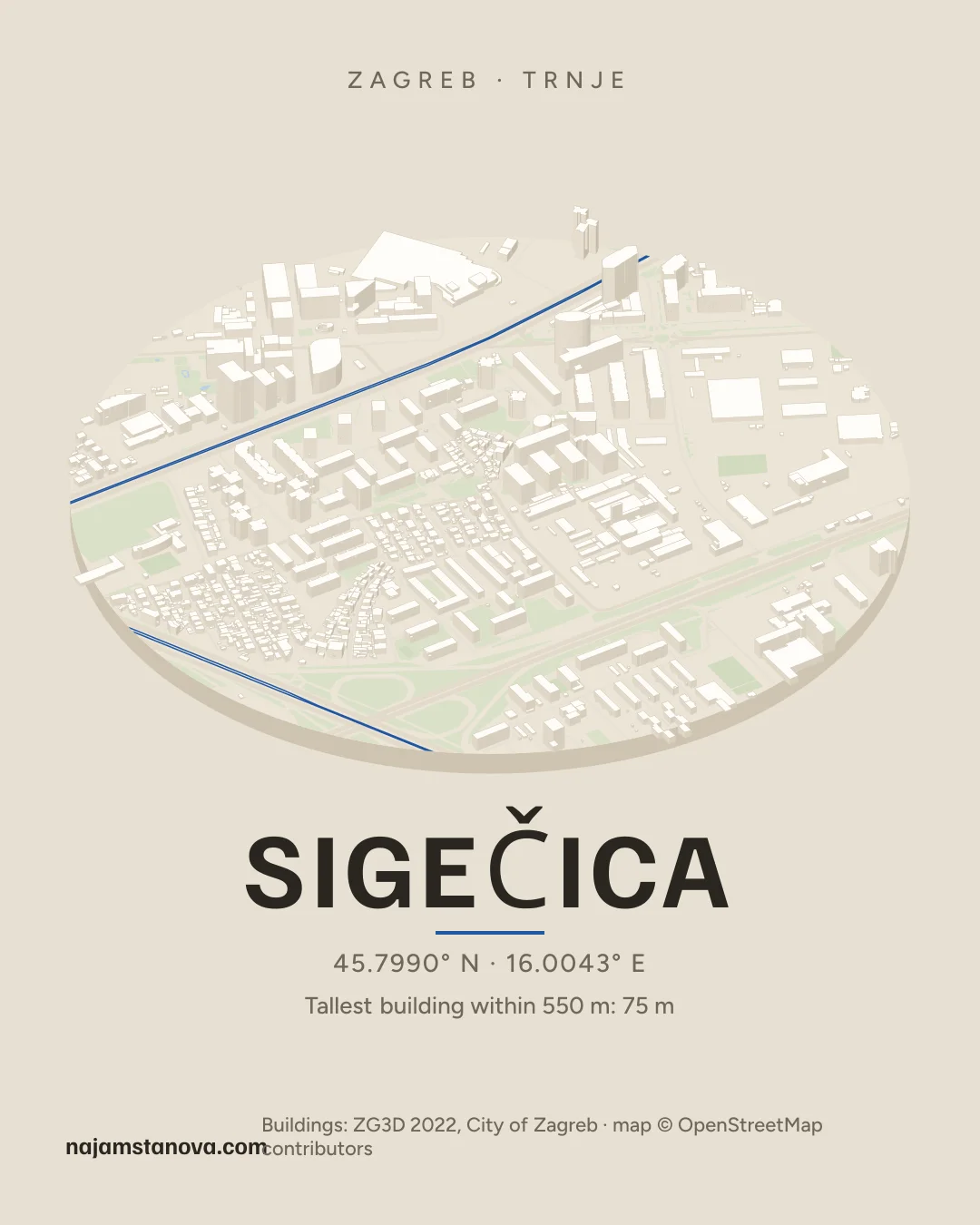 Map of Sigečica in the “Drone” style: buildings, streets, parks and water within 900 m