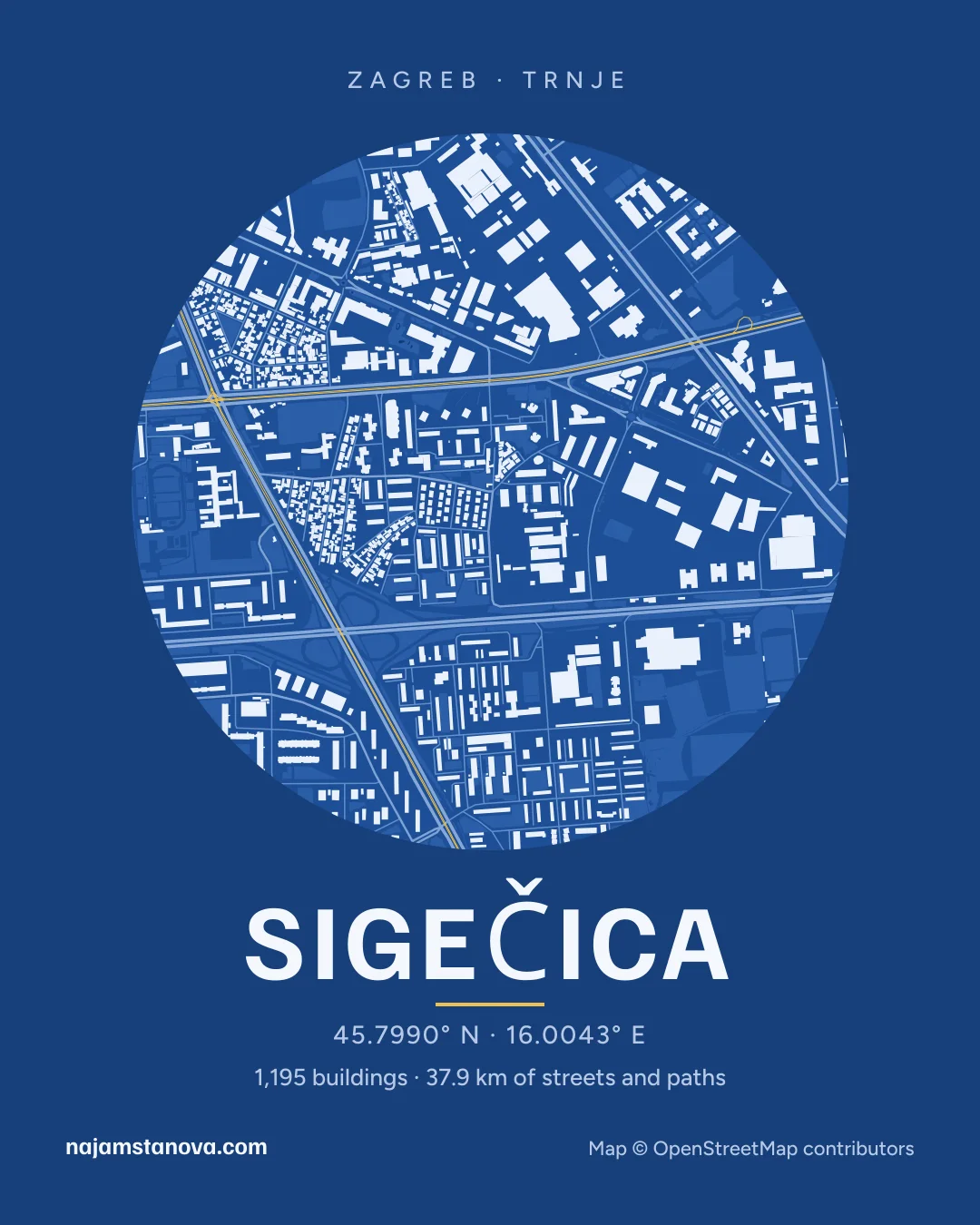 Map of Sigečica in the “Blueprint” style: buildings, streets, parks and water within 900 m
