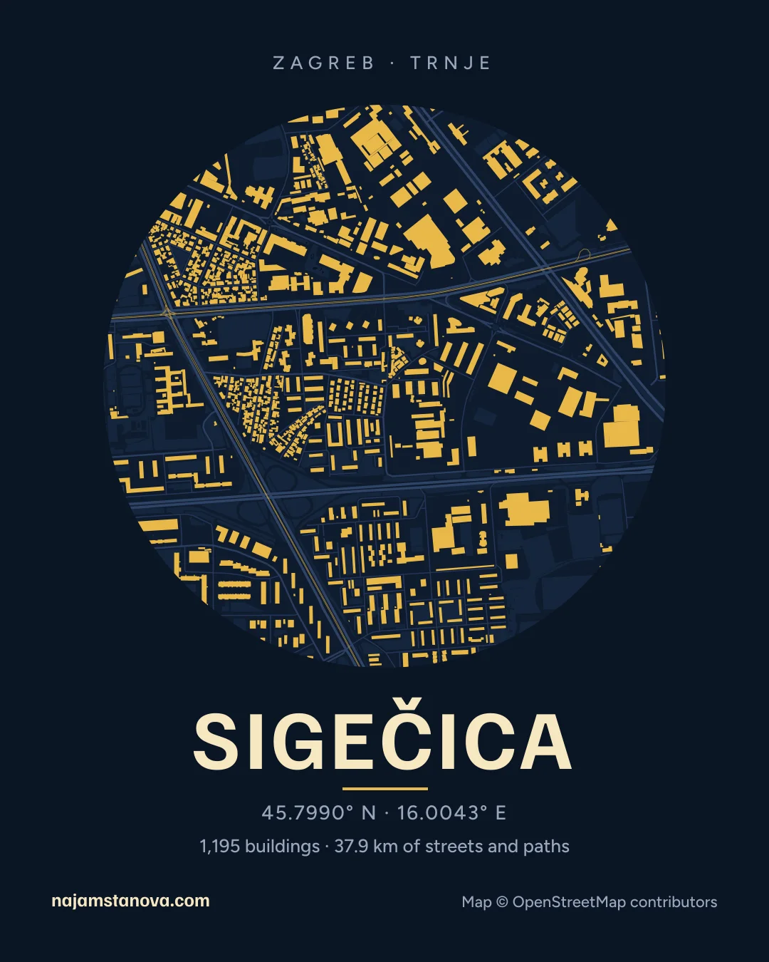 Map of Sigečica in the “Night” style: buildings, streets, parks and water within 900 m