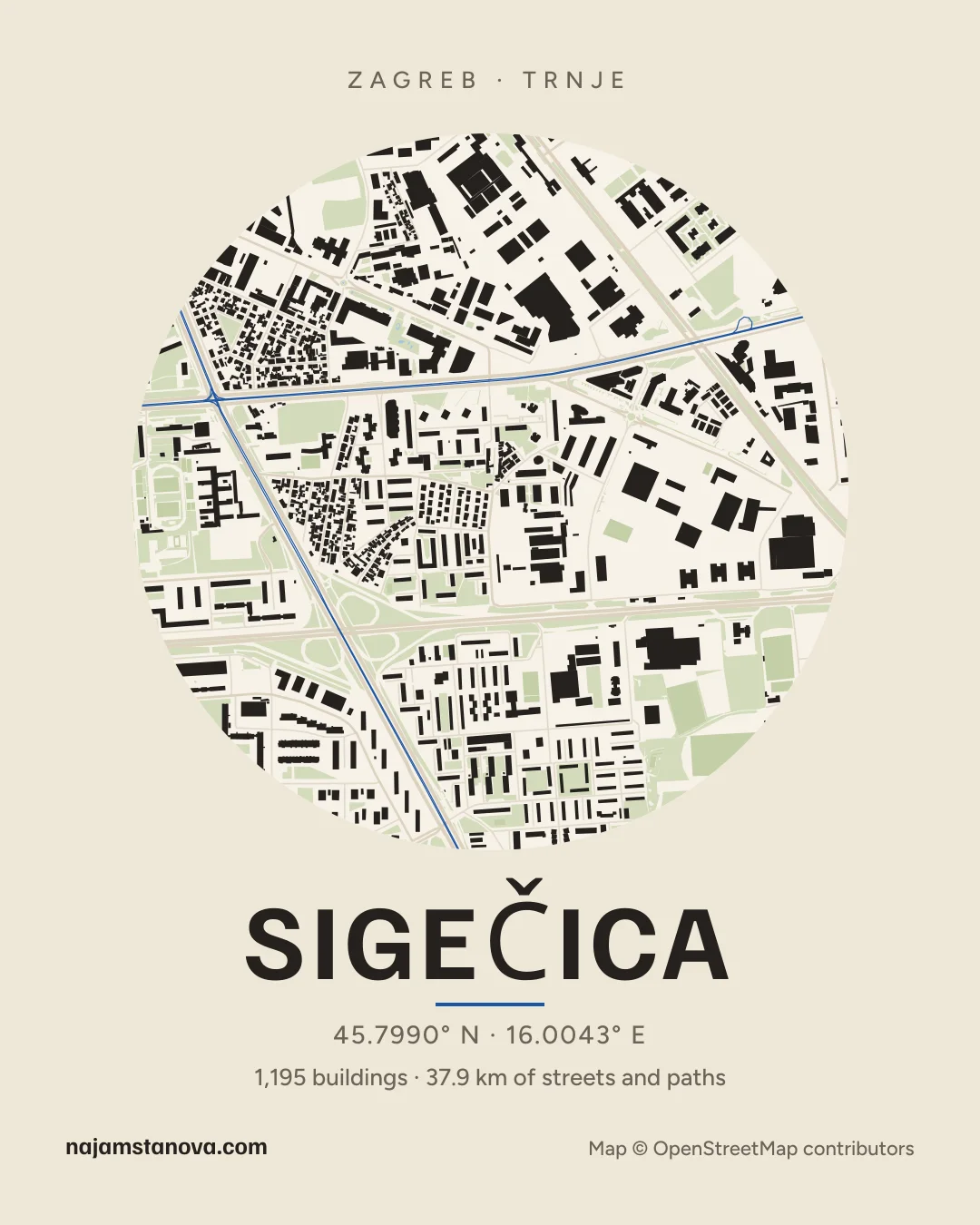Map of Sigečica in the “Paper” style: buildings, streets, parks and water within 900 m
