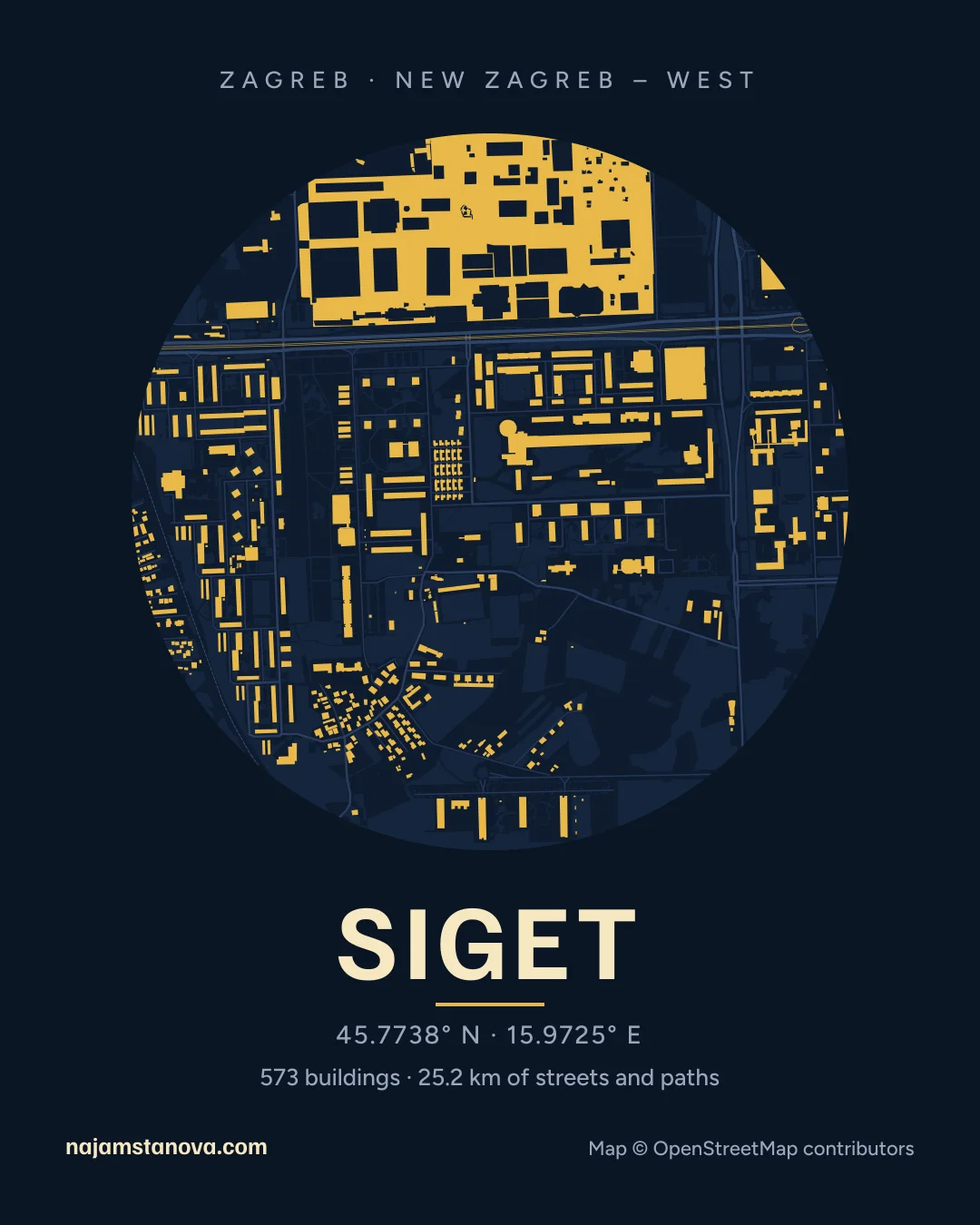 Map of Siget in the “Night” style: buildings, streets, parks and water within 900 m