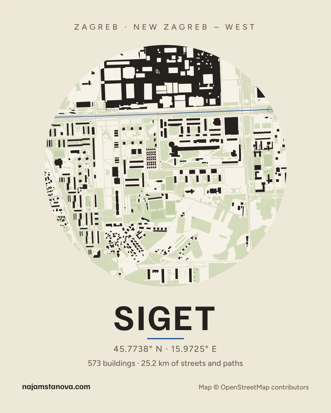 Map of Siget in the “Paper” style: buildings, streets, parks and water within 900 m