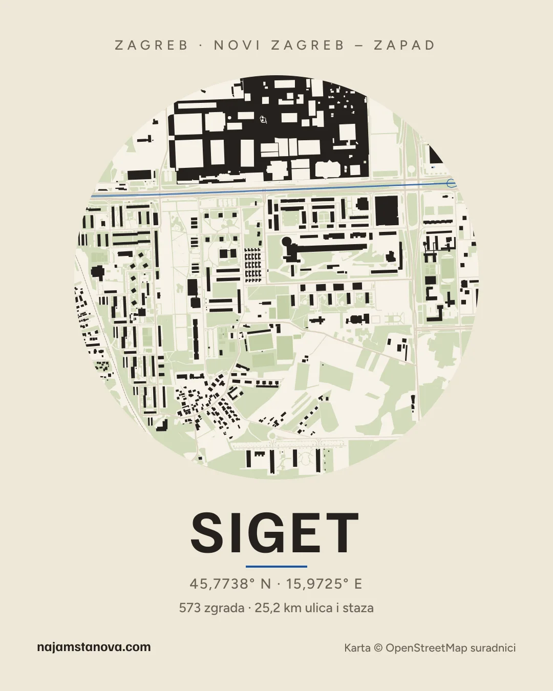 Karta kvarta Siget u stilu „Papir”: zgrade, ulice, parkovi i vode u krugu od 900 m