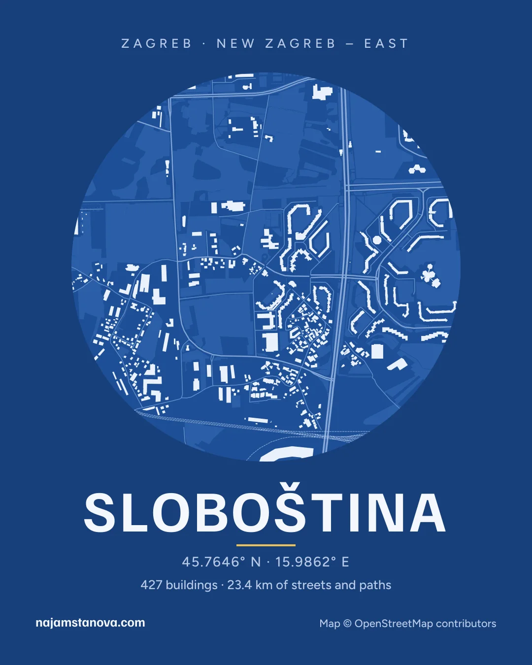 Map of Sloboština in the “Blueprint” style: buildings, streets, parks and water within 900 m