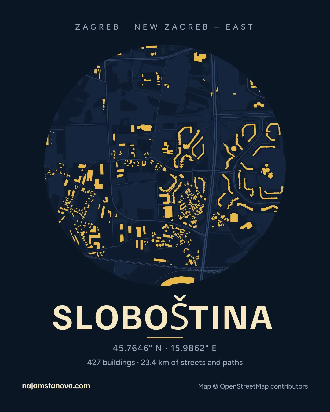 Map of Sloboština in the “Night” style: buildings, streets, parks and water within 900 m