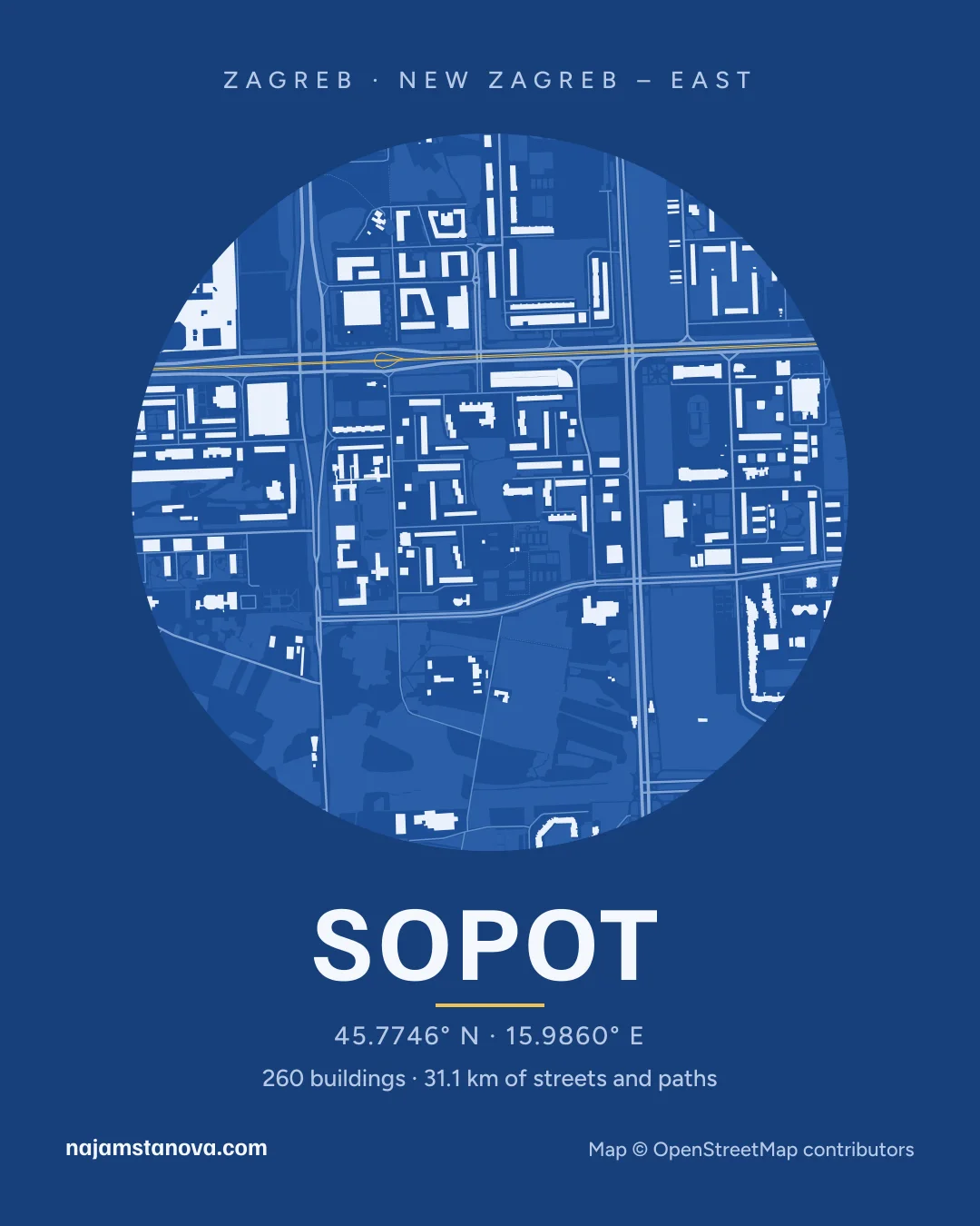 Map of Sopot in the “Blueprint” style: buildings, streets, parks and water within 900 m