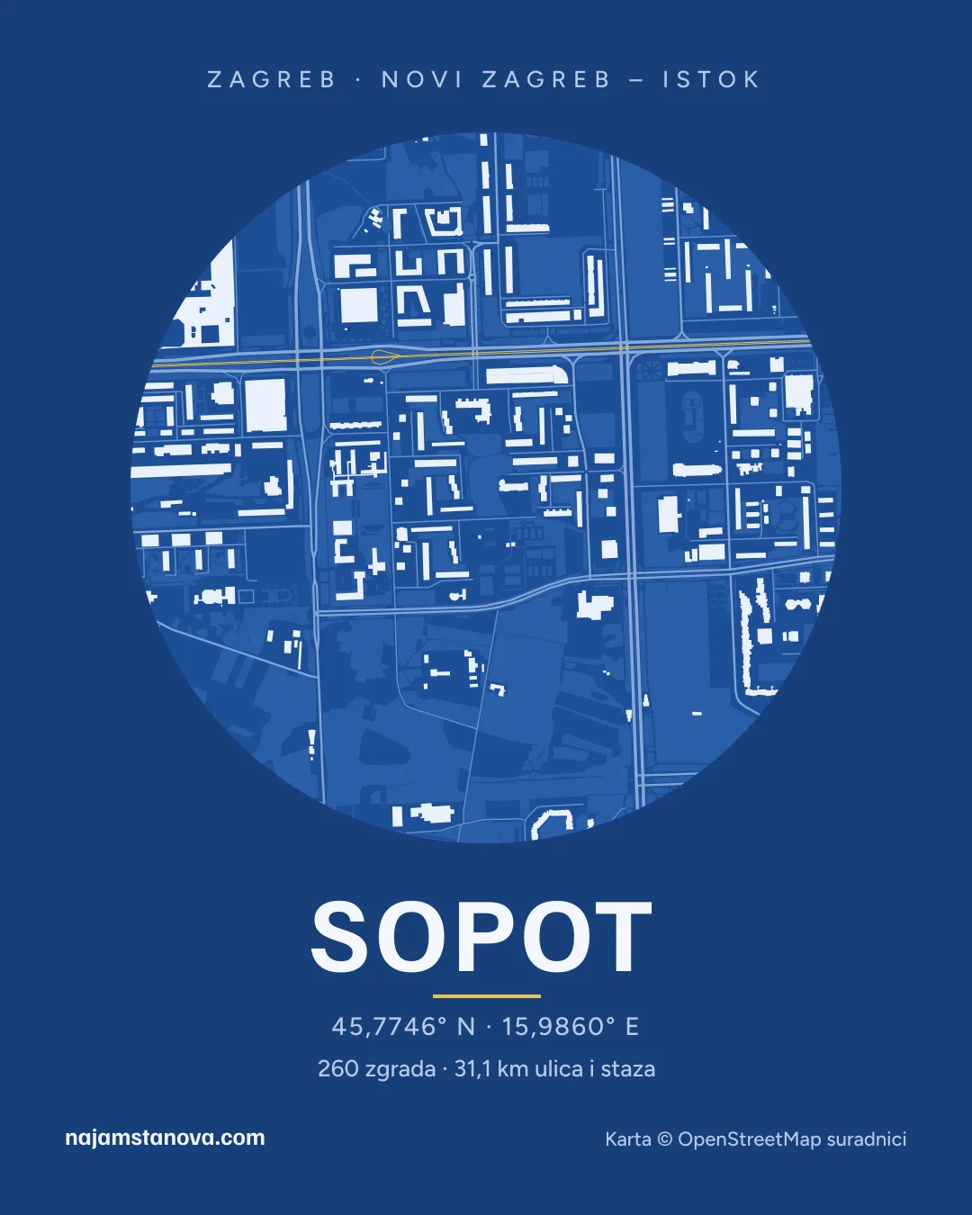 Karta kvarta Sopot u stilu „Nacrt”: zgrade, ulice, parkovi i vode u krugu od 900 m