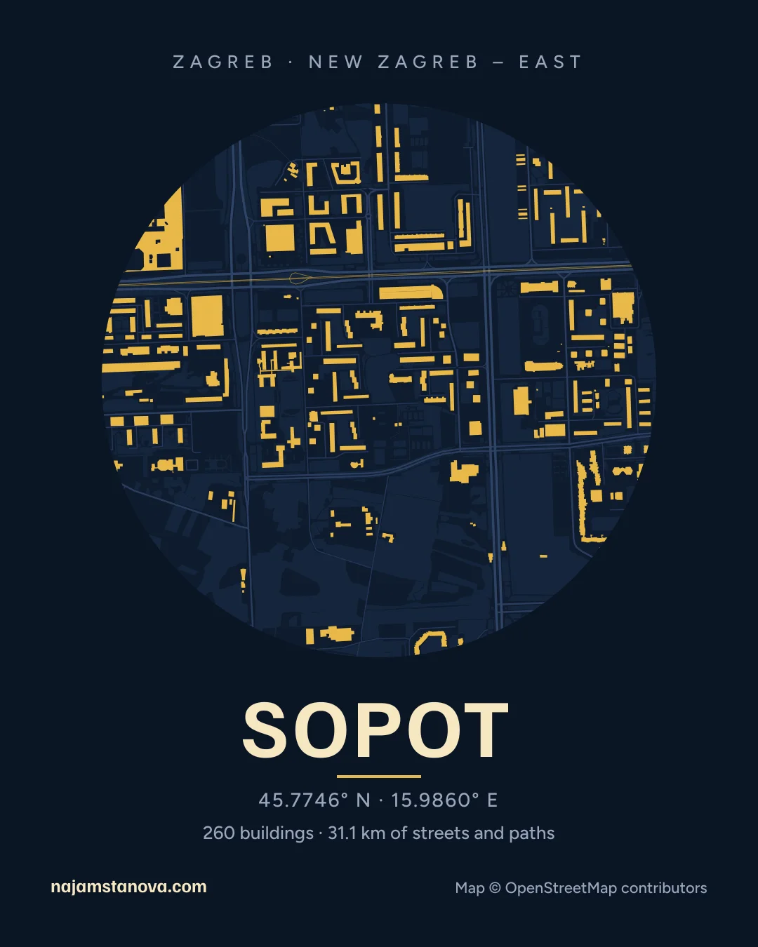 Map of Sopot in the “Night” style: buildings, streets, parks and water within 900 m