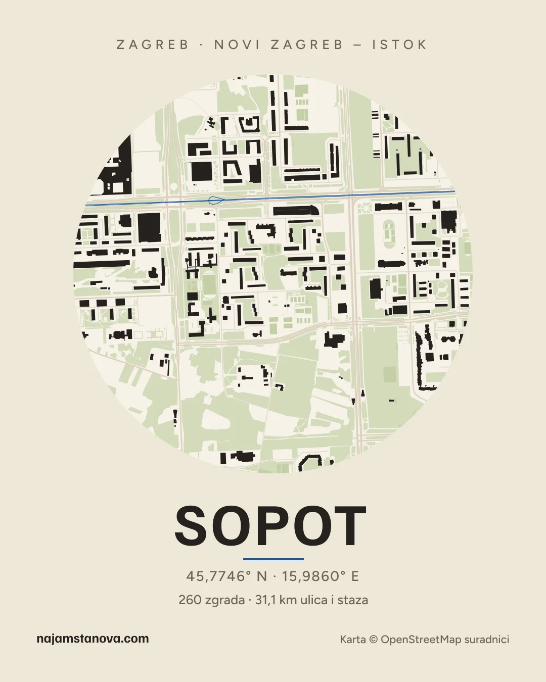 Karta kvarta Sopot u stilu „Papir”: zgrade, ulice, parkovi i vode u krugu od 900 m