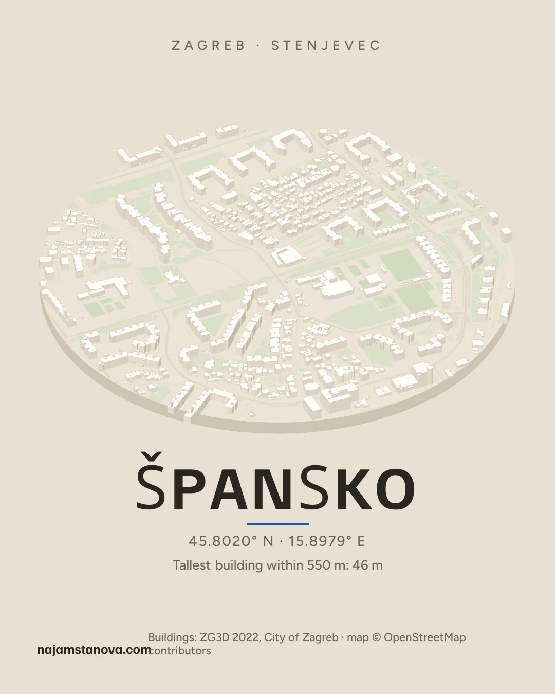 Map of Špansko in the “Drone” style: buildings, streets, parks and water within 900 m