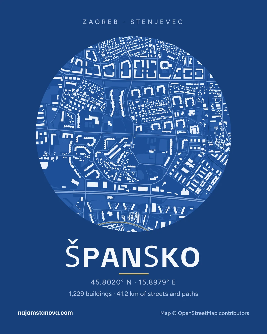 Map of Špansko in the “Blueprint” style: buildings, streets, parks and water within 900 m
