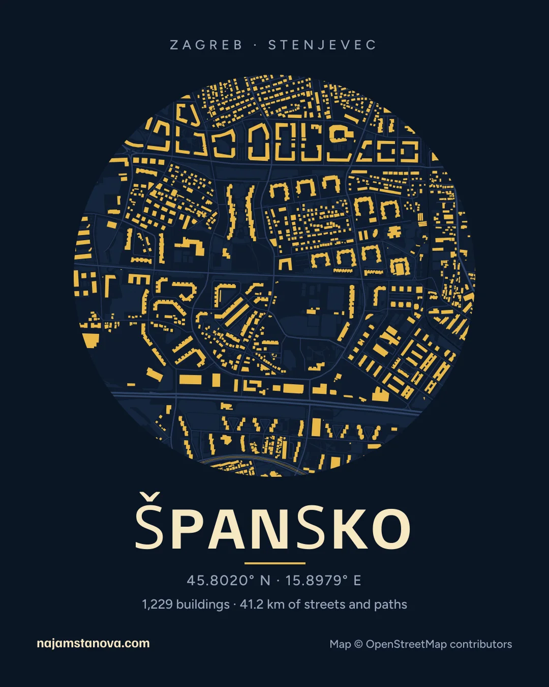Map of Špansko in the “Night” style: buildings, streets, parks and water within 900 m
