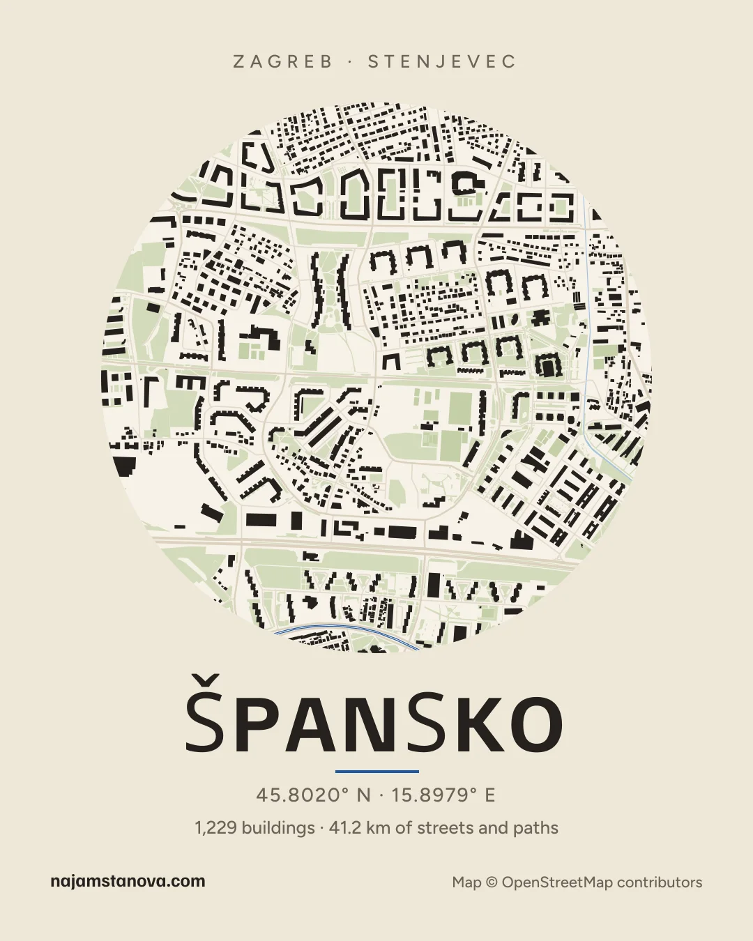 Map of Špansko in the “Paper” style: buildings, streets, parks and water within 900 m