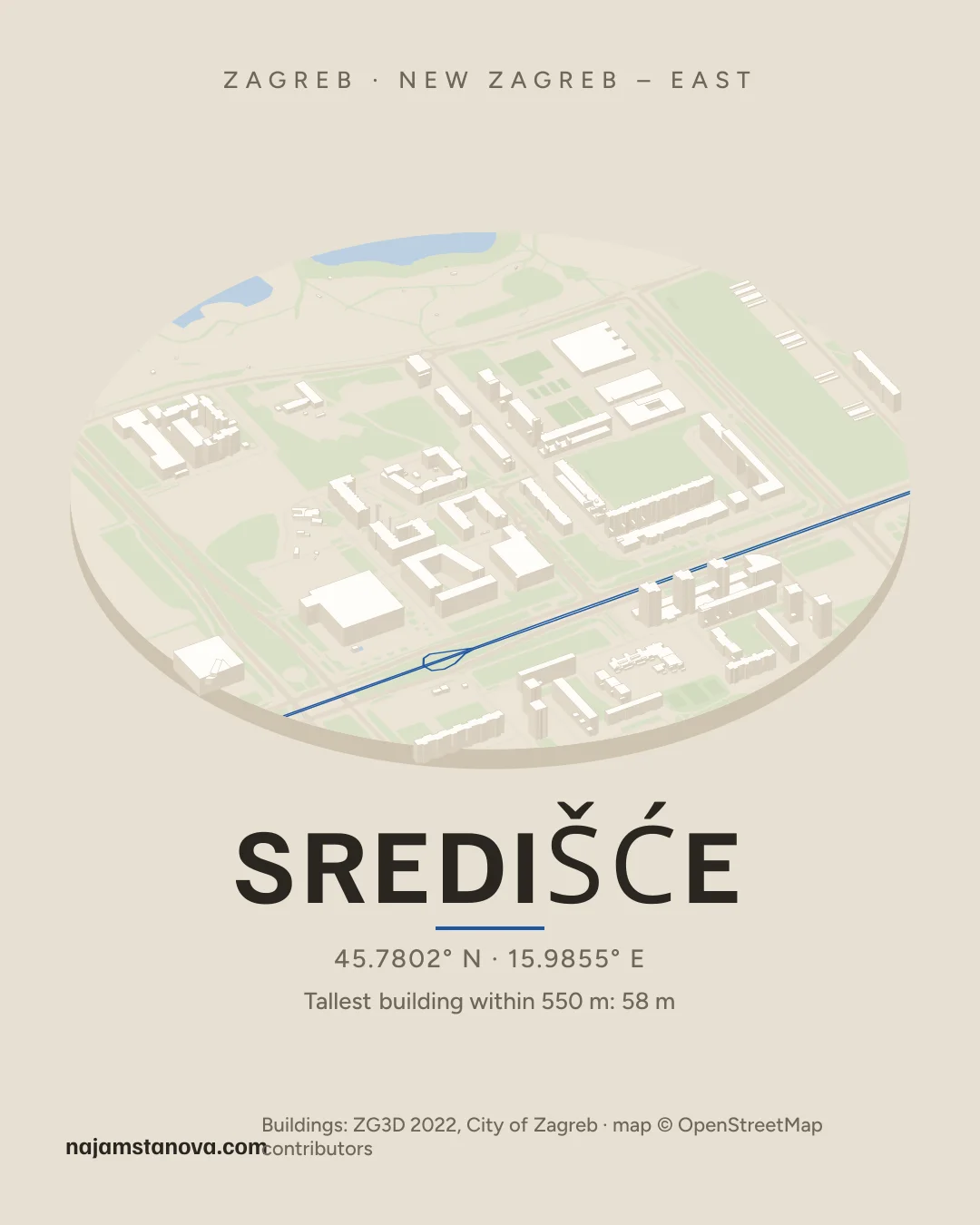 Map of Središće in the “Drone” style: buildings, streets, parks and water within 900 m
