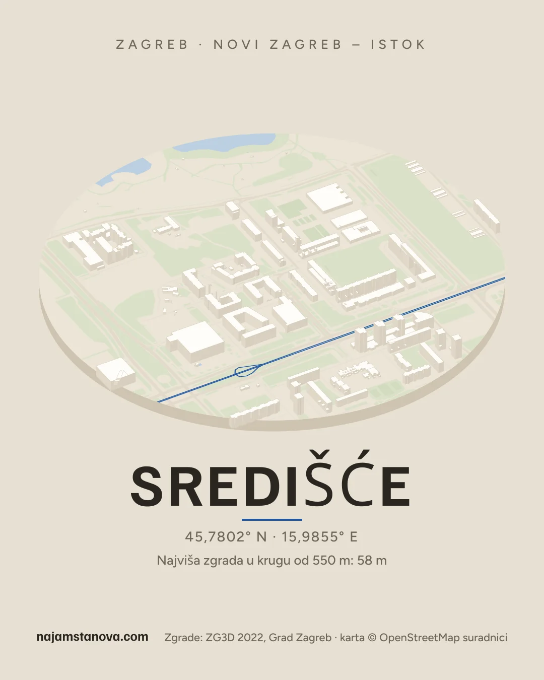 Karta kvarta Središće u stilu „Dron”: zgrade, ulice, parkovi i vode u krugu od 900 m
