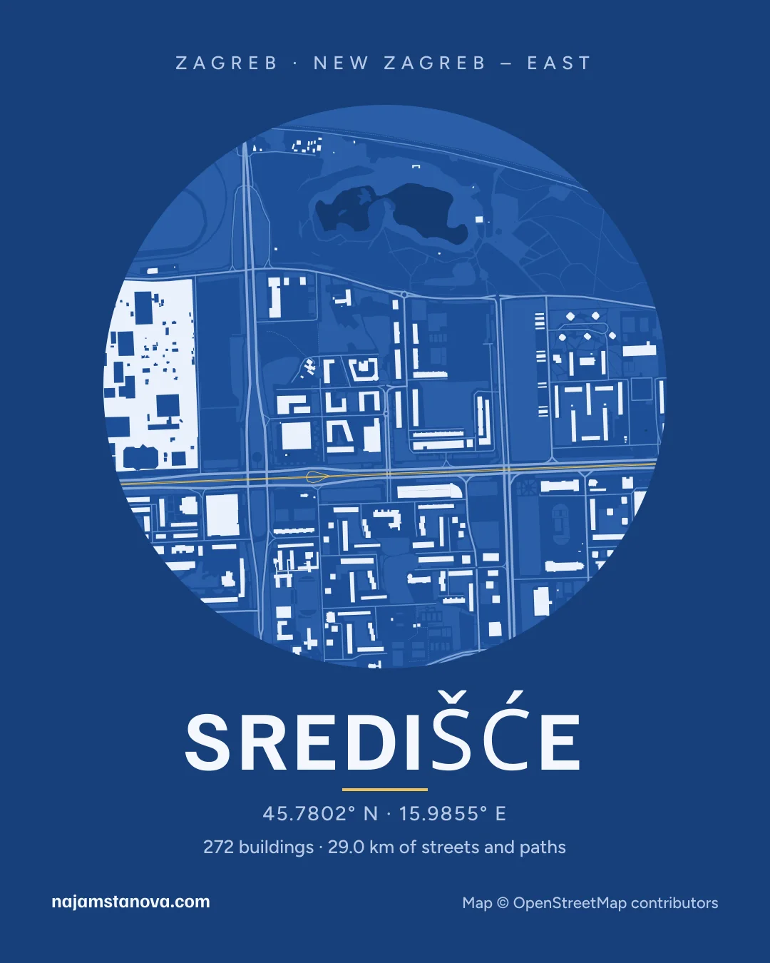 Map of Središće in the “Blueprint” style: buildings, streets, parks and water within 900 m