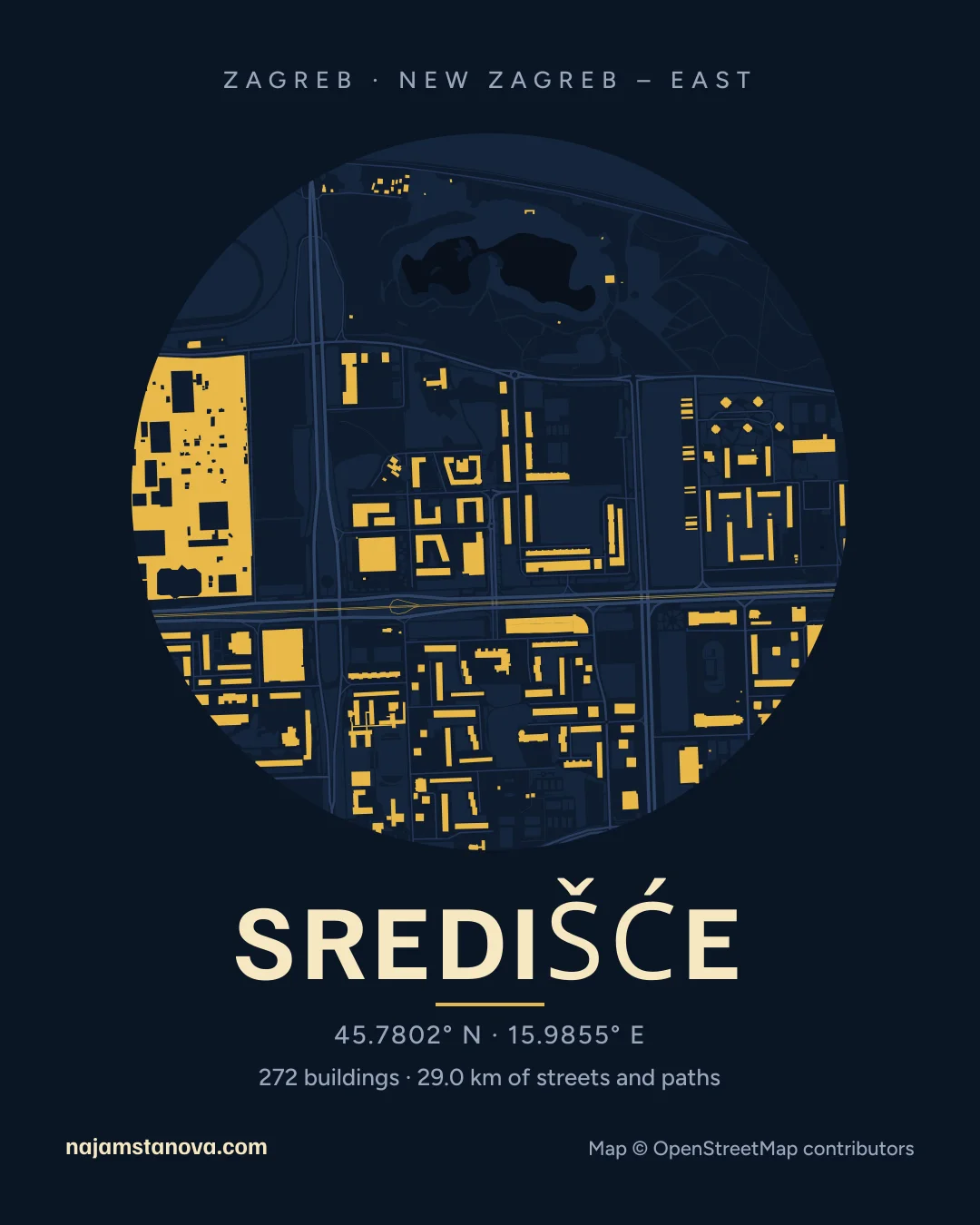 Map of Središće in the “Night” style: buildings, streets, parks and water within 900 m