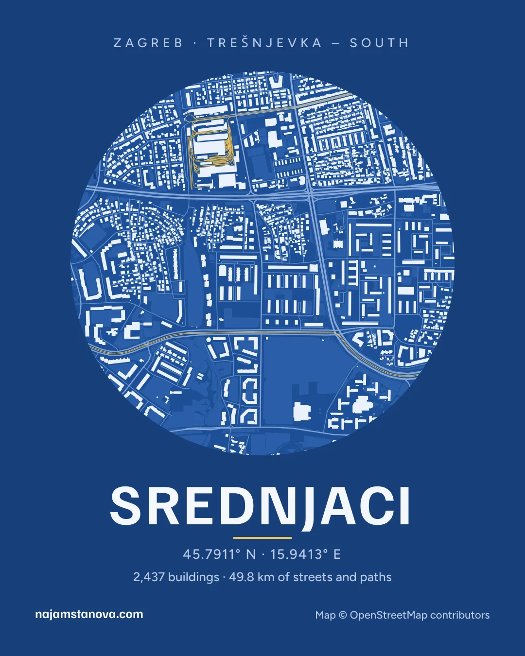 Map of Srednjaci in the “Blueprint” style: buildings, streets, parks and water within 900 m