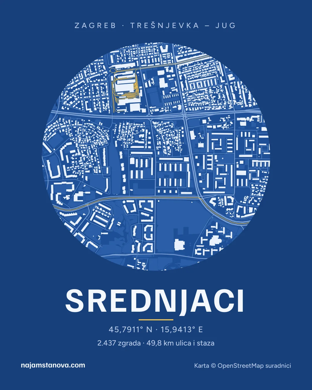 Karta kvarta Srednjaci u stilu „Nacrt”: zgrade, ulice, parkovi i vode u krugu od 900 m