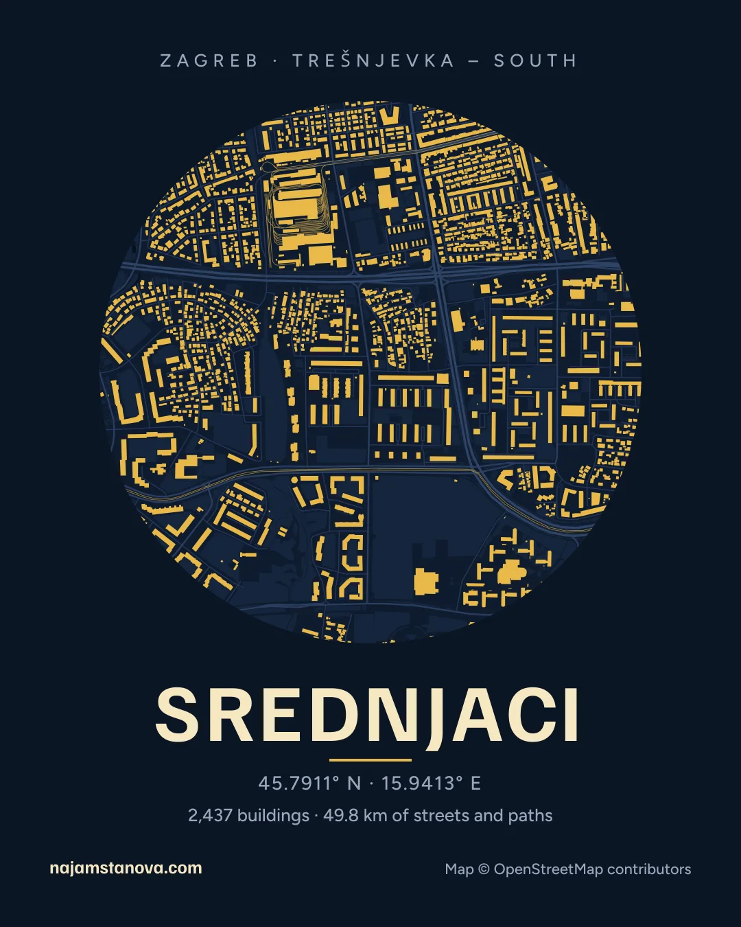 Map of Srednjaci in the “Night” style: buildings, streets, parks and water within 900 m